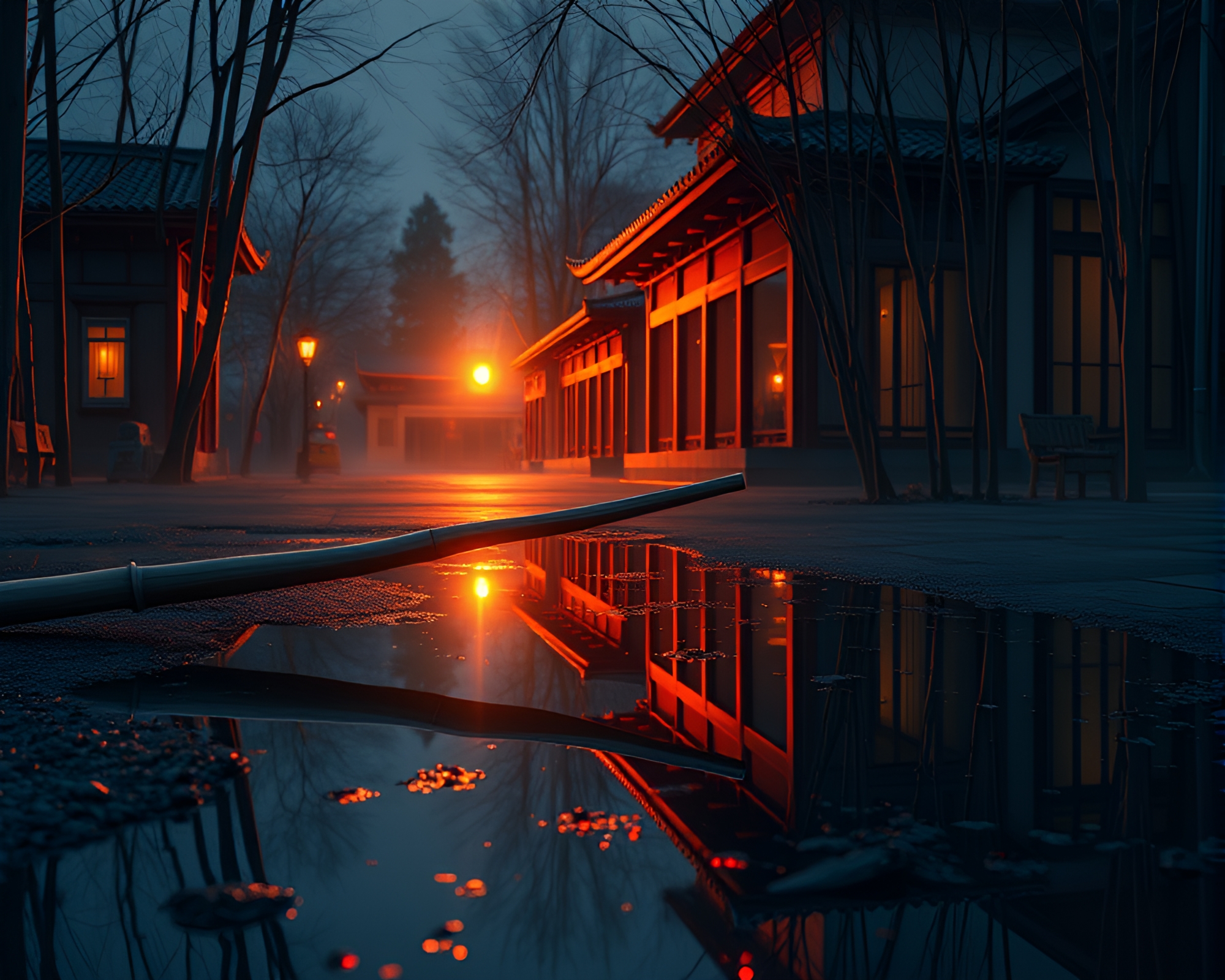 Bamboo Flute Reflection: Torchlit Architectural Beauty – free AI stock image