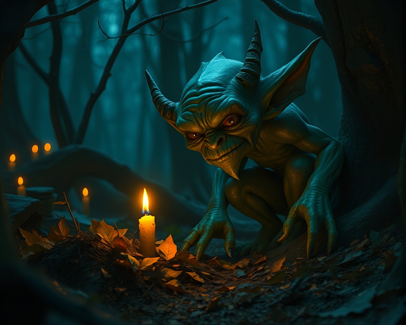Fantasy matte painting of goblin surrounded by candlelight and leaves