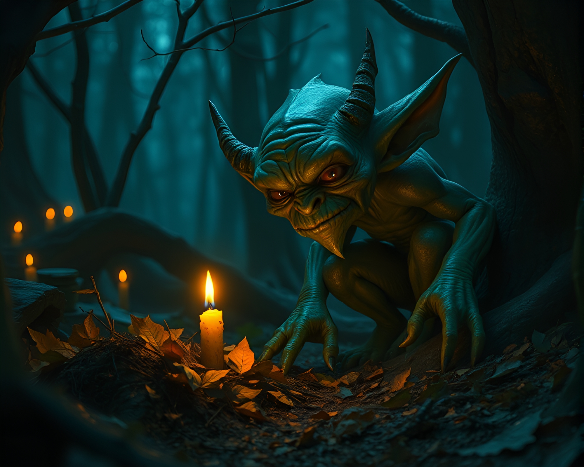 Goblin in Candlelit Forest with Leaf Litter – free AI stock image
