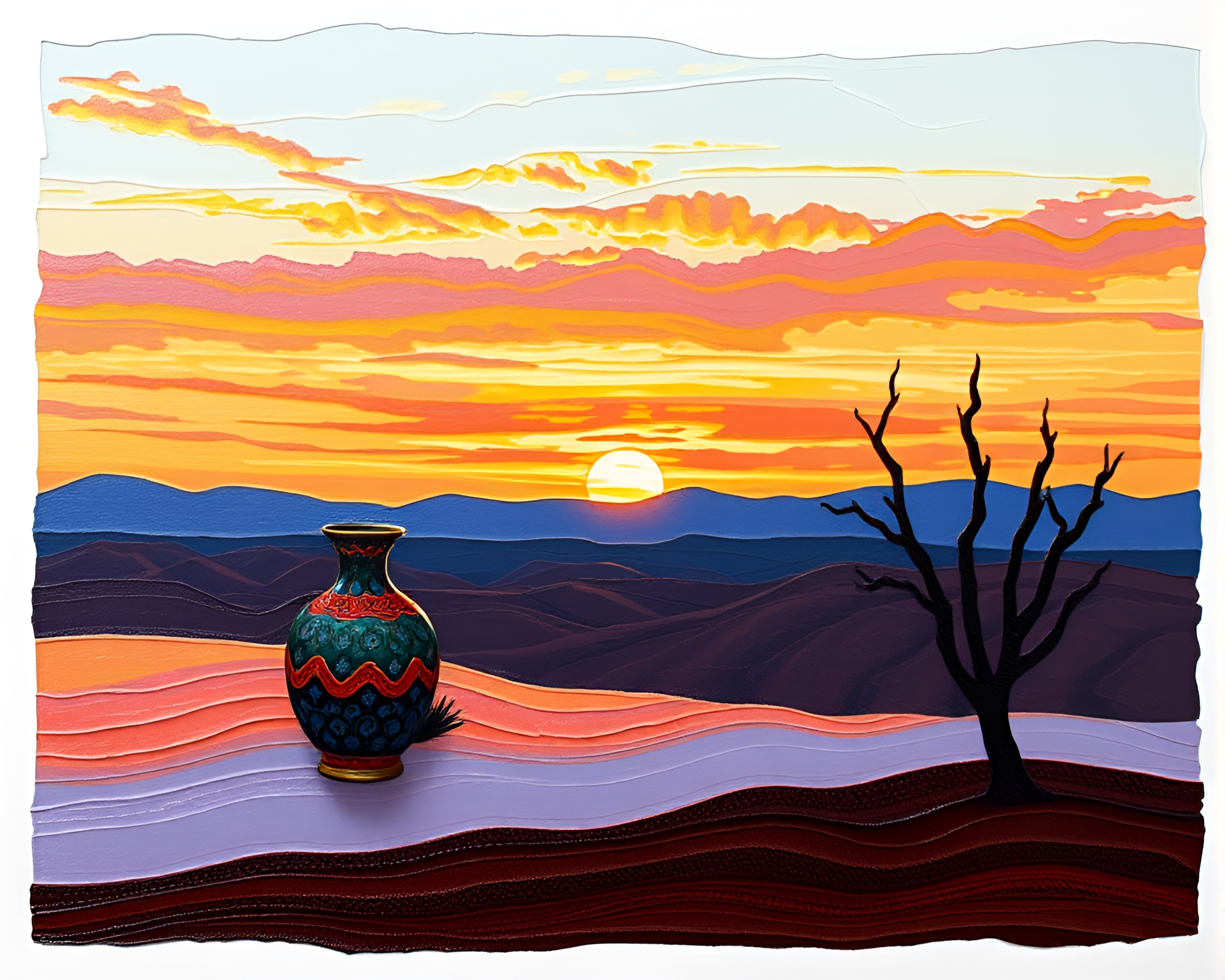 Impasto Ridged Sunset: Cloisonné Vase Double Exposure – free AI stock image