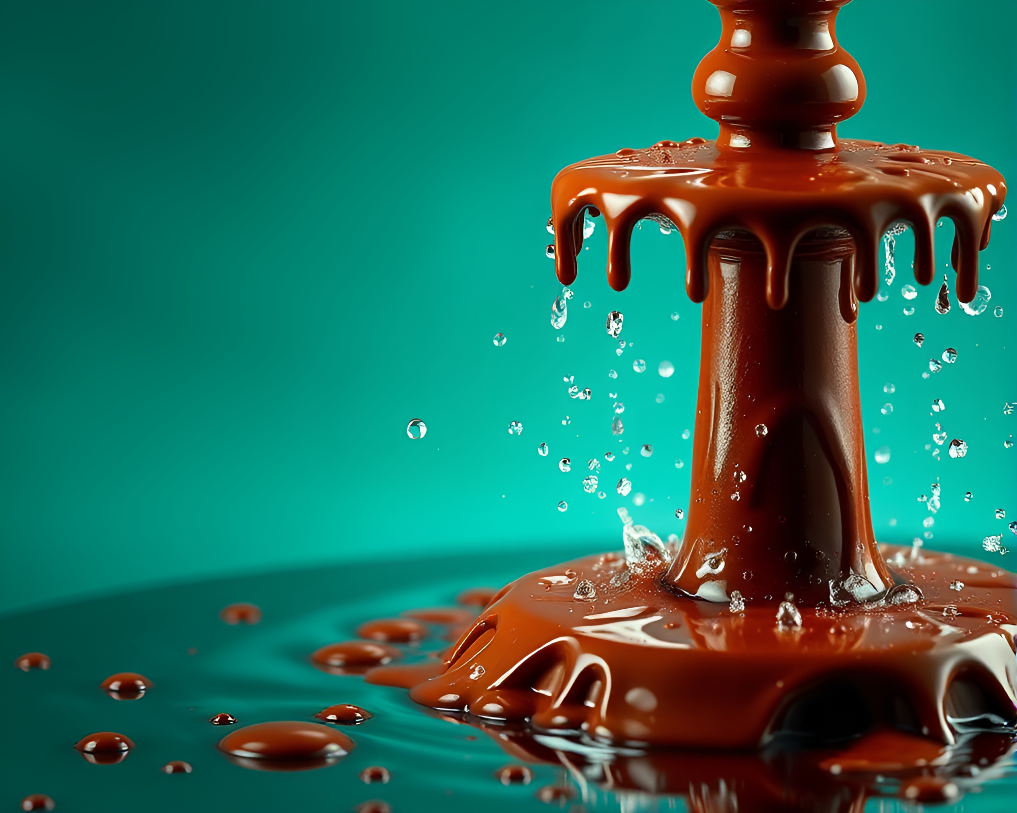 Teal Serenity Chocolate Fountain Water Droplets Composition – free AI stock image