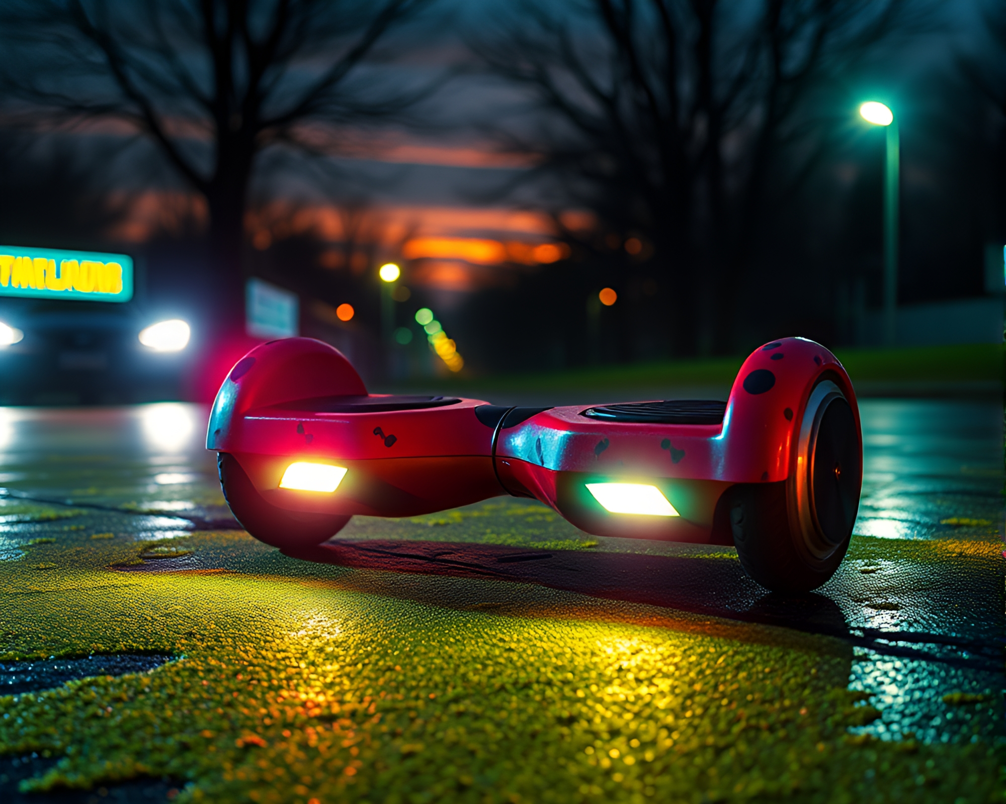 Futuristic Hoverboard Ride through Mildew Pop Art City – free AI stock image