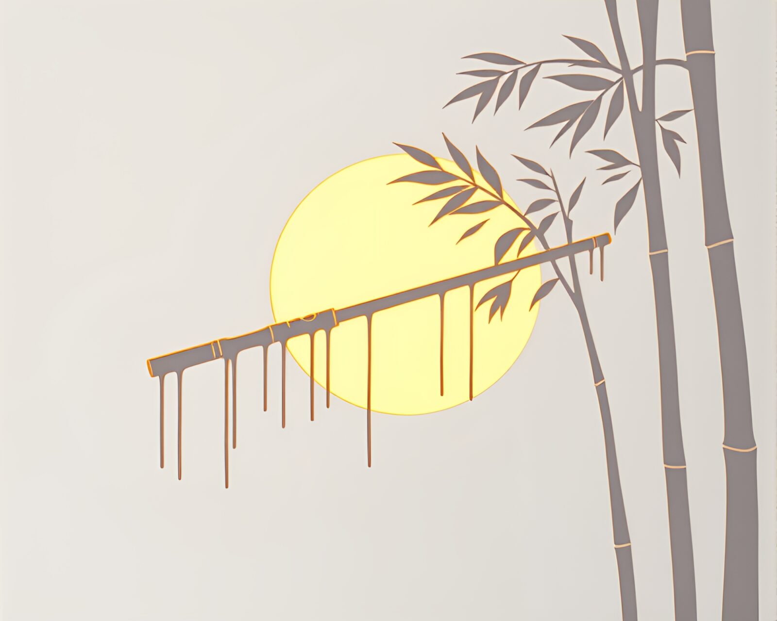 Backlit paper cutout of a person playing bamboo flute amid graffiti drips