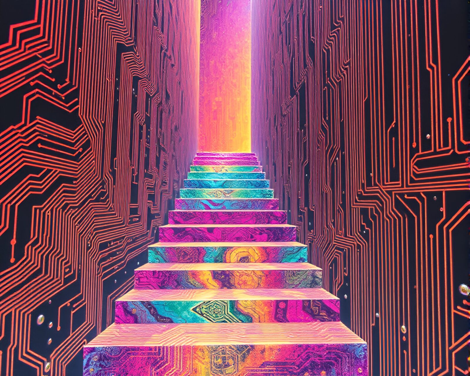 Colorful, twisting circuit board in dynamic painterly strokes