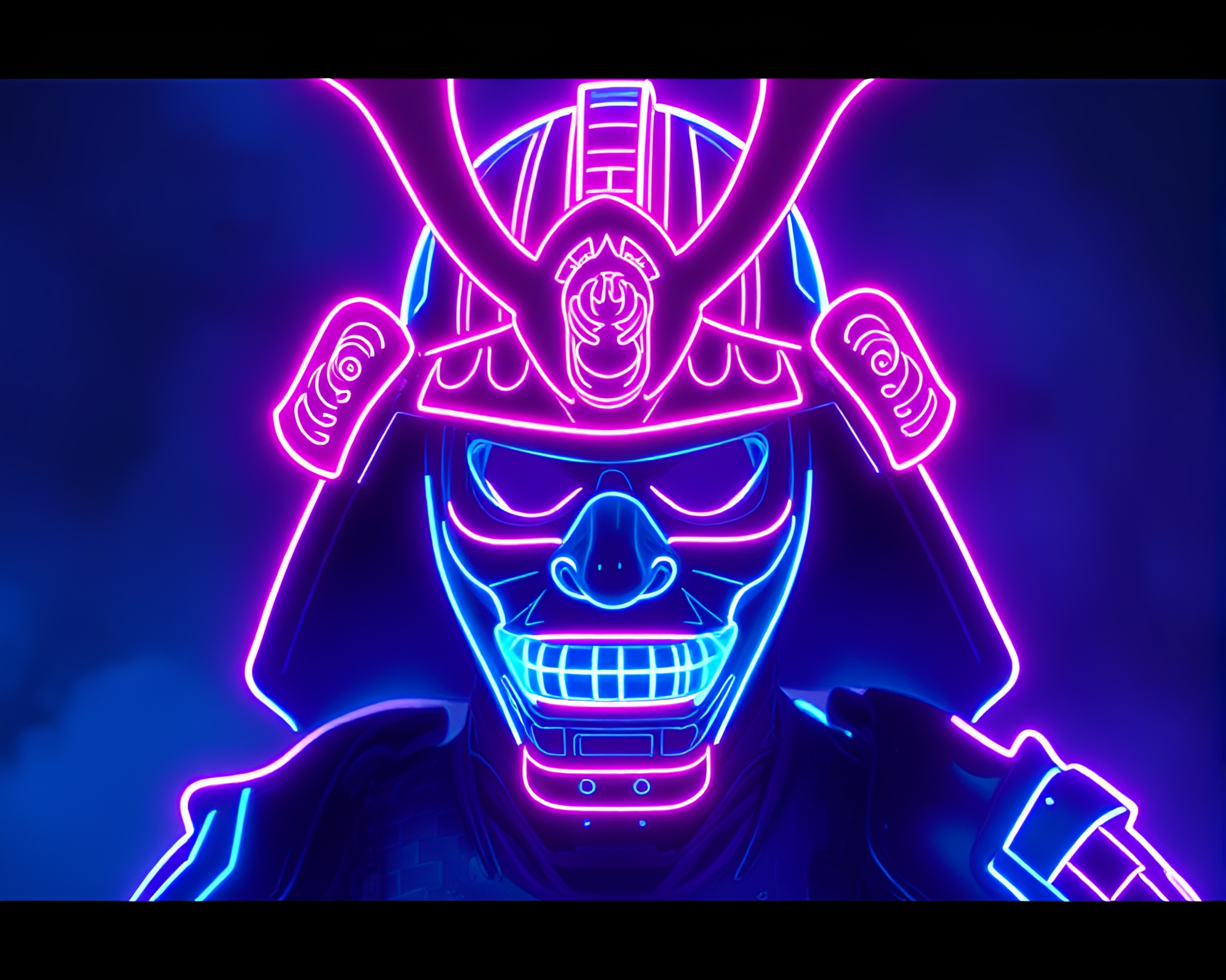 Neon Samurai Helmet in Enigmatic Indigo Film Strip – free AI stock image