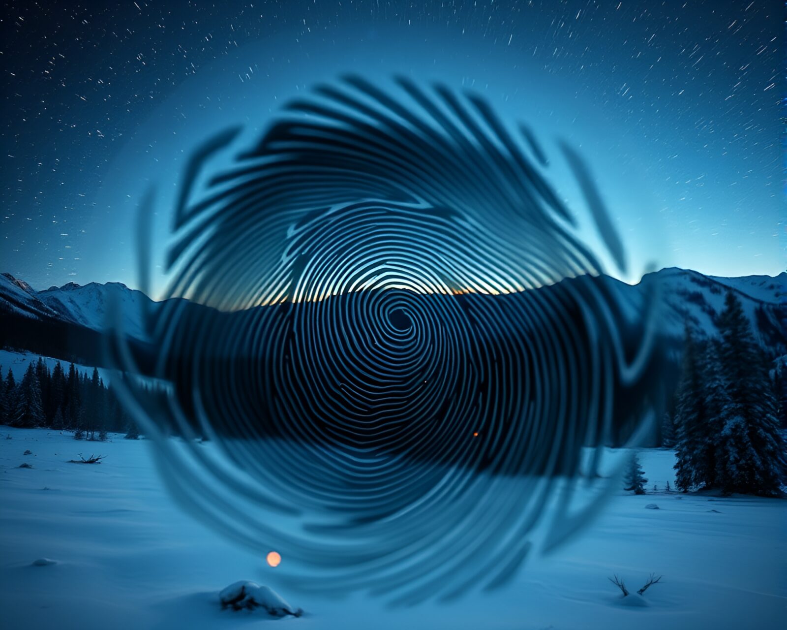 Majestic tundra scene with swirling fingerprint patterns in snow