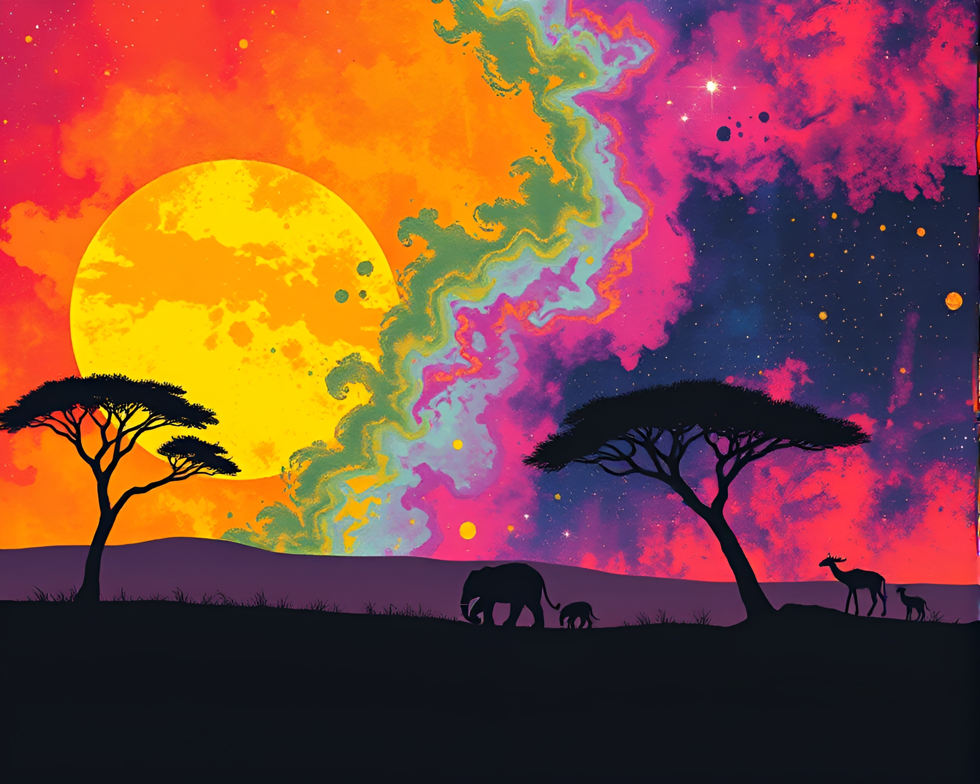 Savanna Sunset: Off-Center Stencil Art Nebula – free AI stock image
