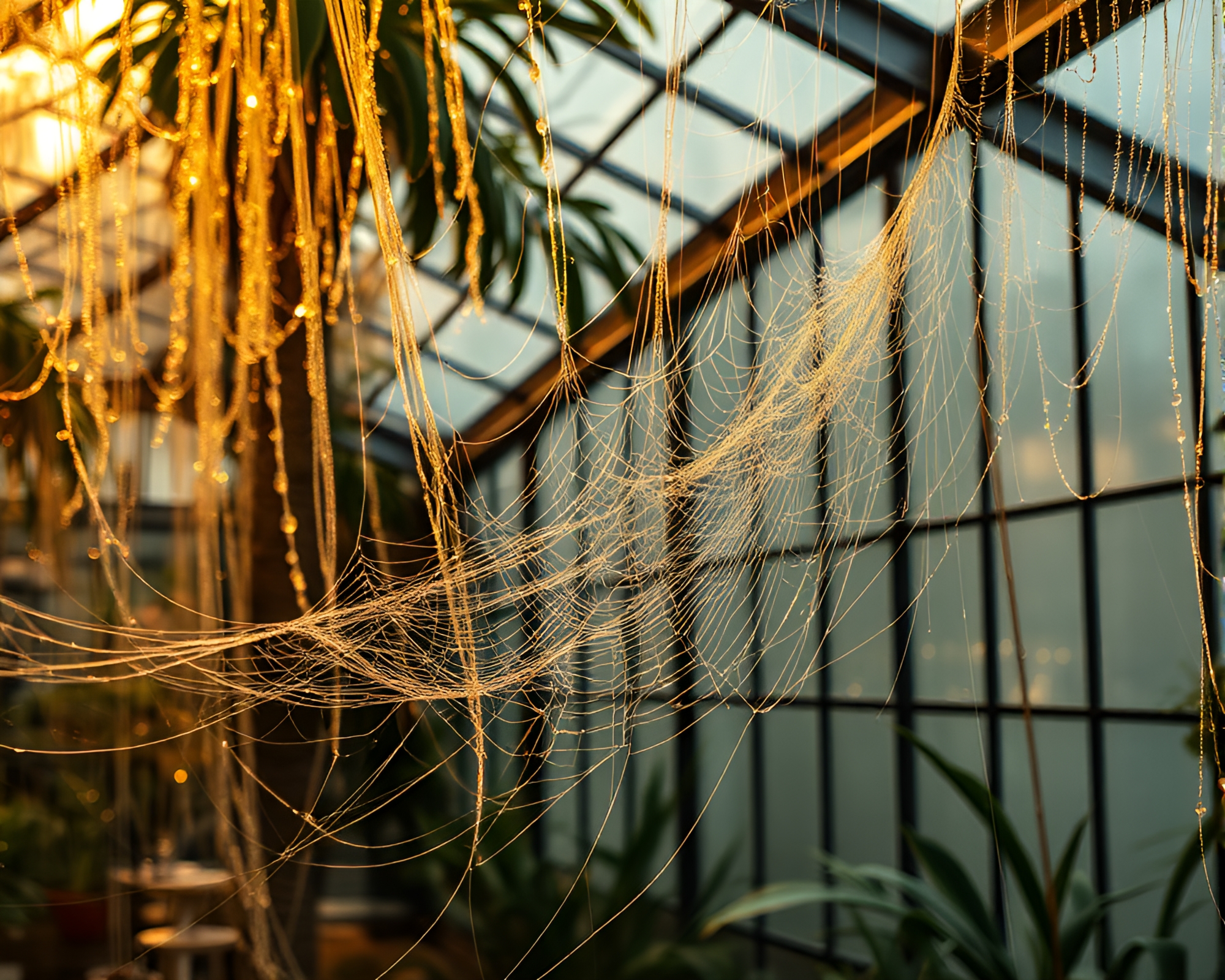 Golden Savannah Greenhouse with Intricate Cobweb Strands – free AI stock image