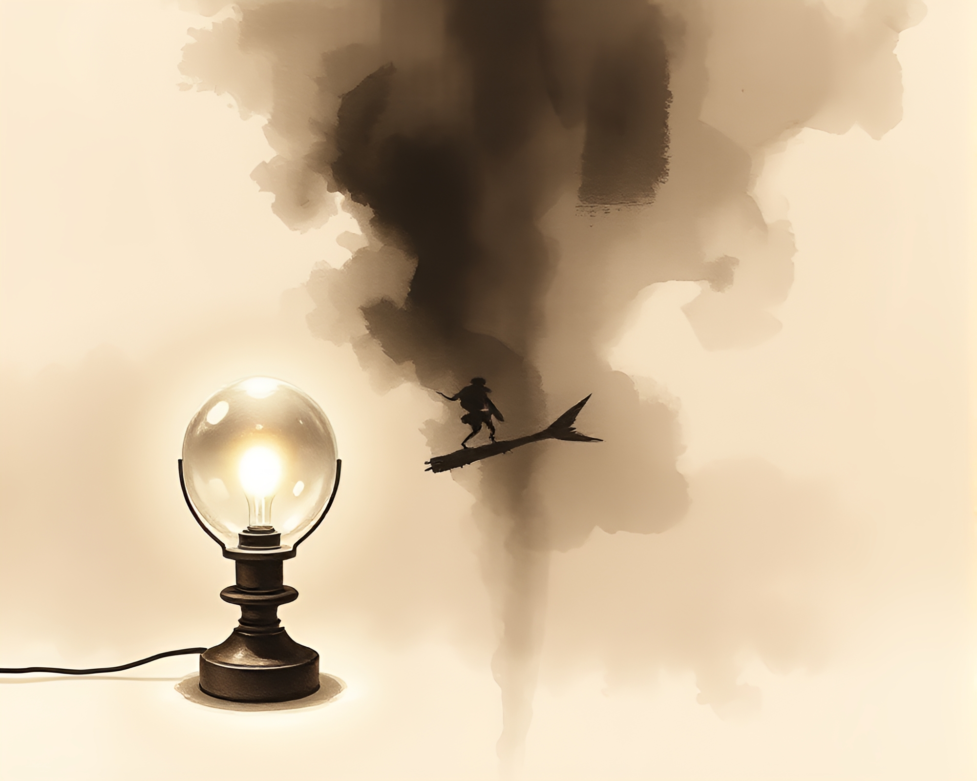 Sepia Lamp Illuminated in Charcoal Ink Wash Composition – free AI stock image