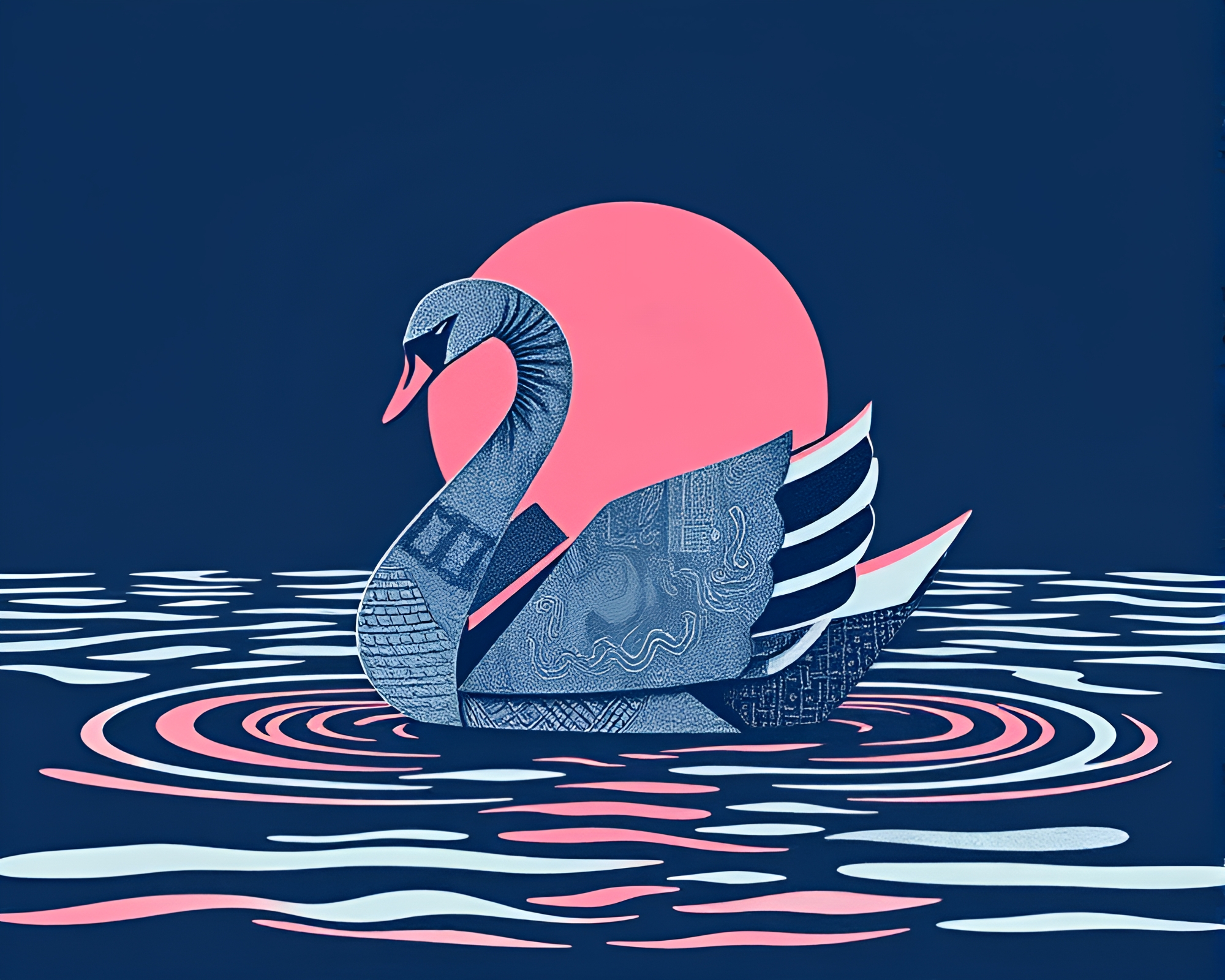 Sunrise Origami Swan Linocut Art Texture Design – free AI stock image