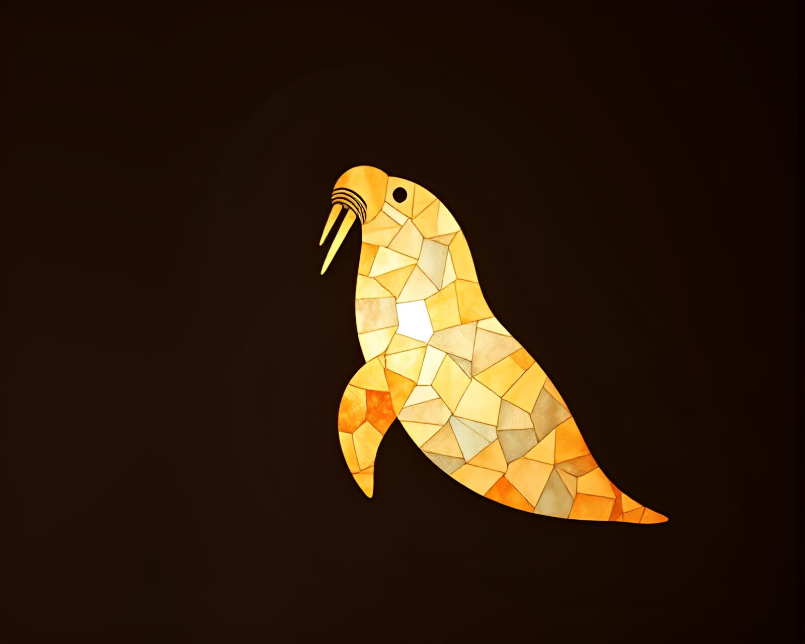 Dark silhouette of a majestic walrus against a paper mosaic backdrop