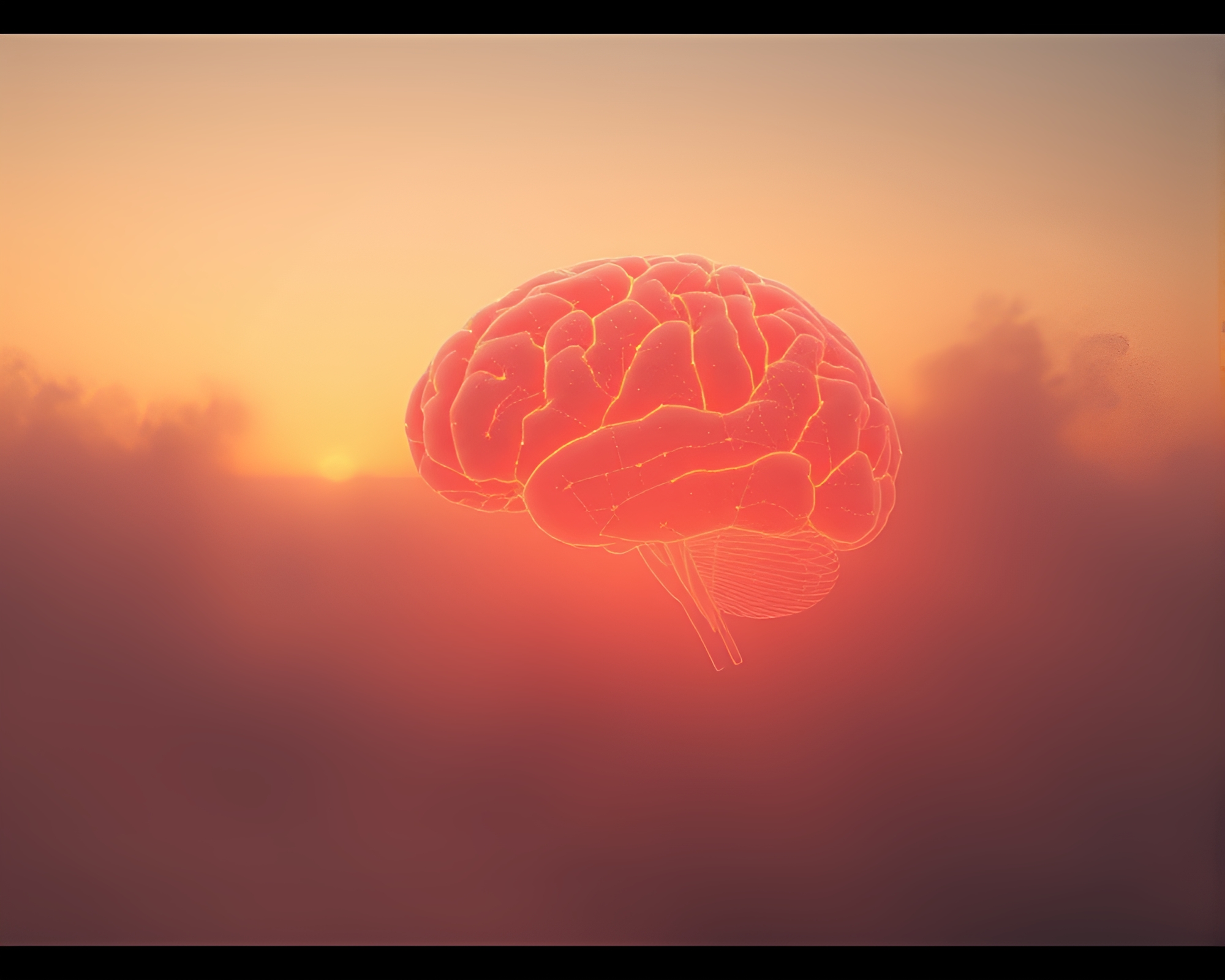 Sunset AI Brain Amidst Drifting Fog – free AI stock image