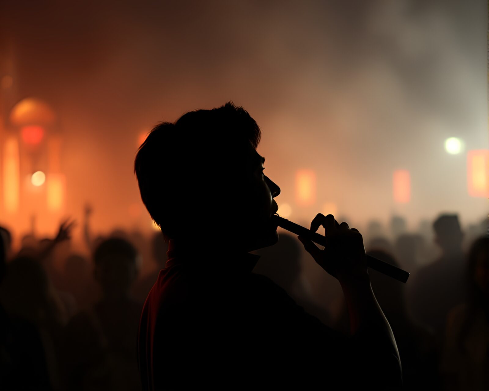 Crowd silhouettes surrounded by glowing bamboo flutes in haze