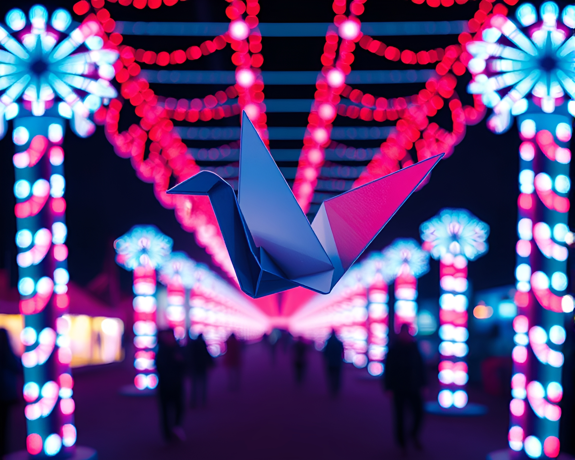 Origami Crane in Carnival Lights: Infrared Motion Capture – free AI stock image