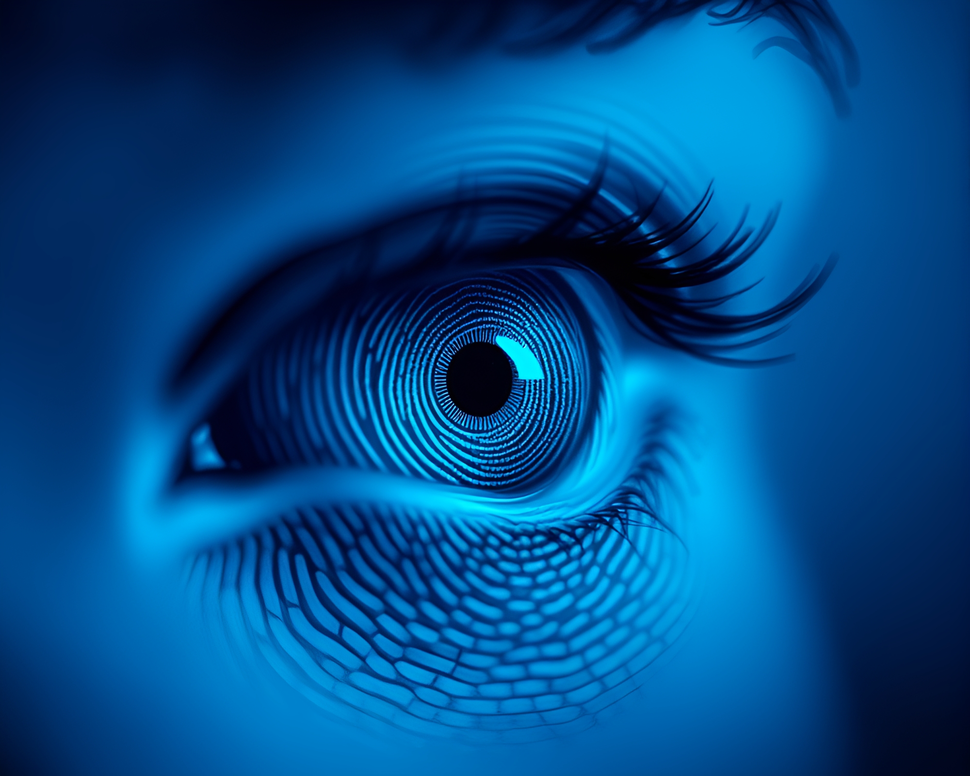 Ocean-Blue Cybernetic Eye Fingerprint Swirl – free AI stock image