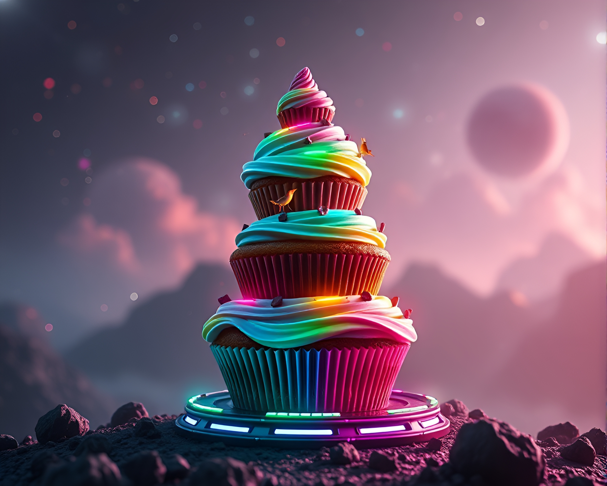 Futuristic Cupcake Tower with Cosmic Rainbow Hatching Overlay – free AI stock image