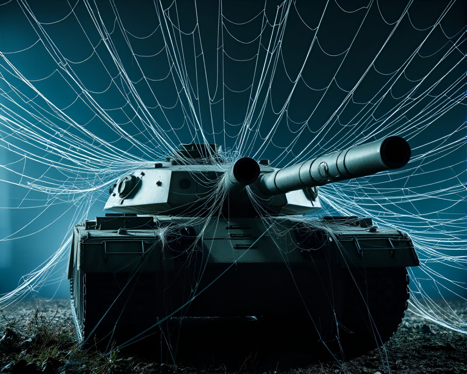 Dark 90s-style Armored Tank lit in spotlight surrounded by cobwebs