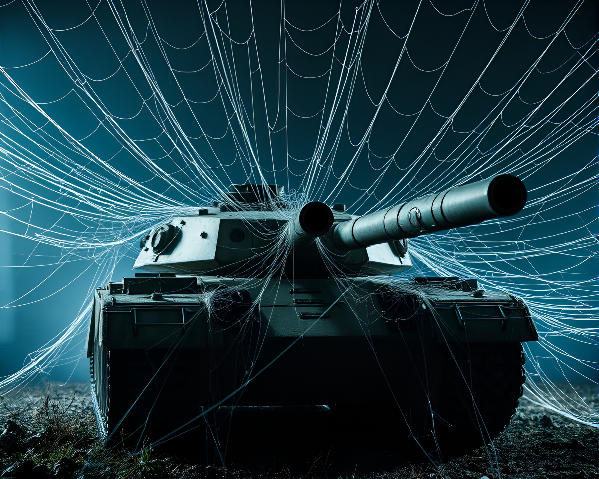 Grunge Armored Tank Under Spotlight in Cobweb Strands – free AI stock image
