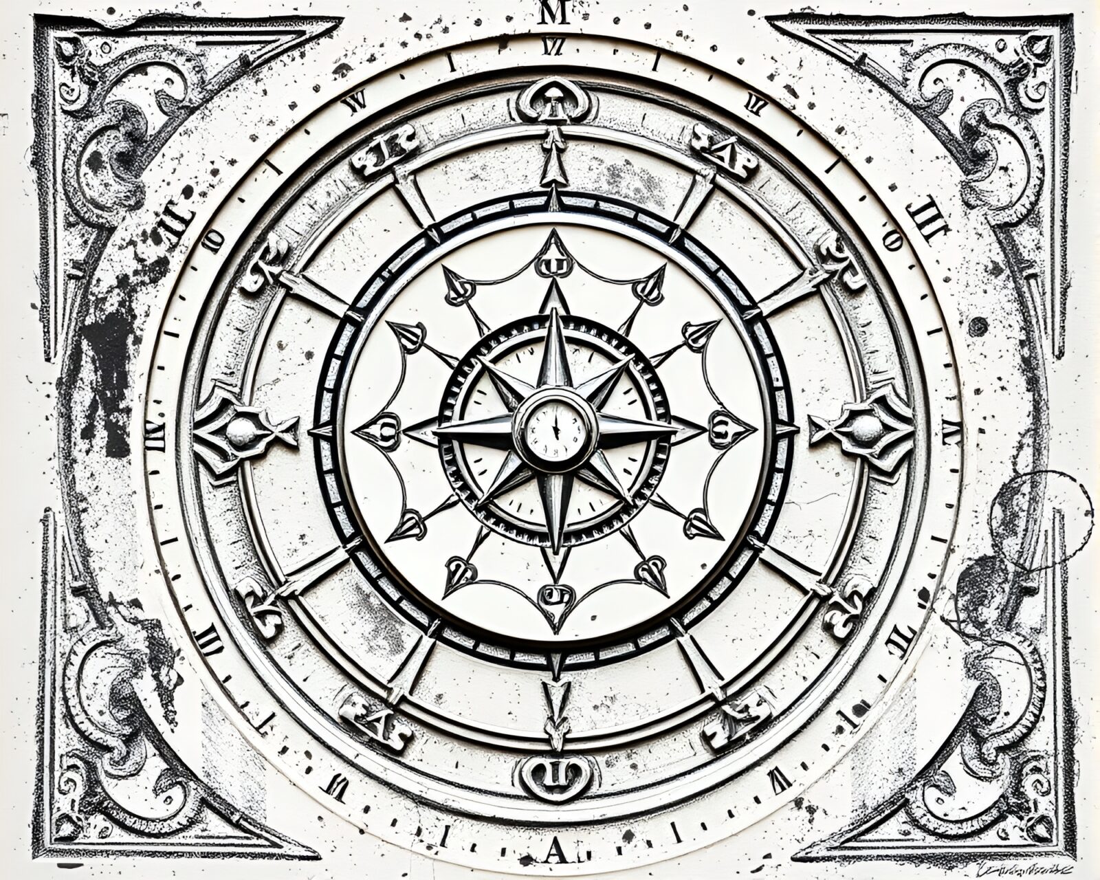 Elegant pocket sundial with intricate linocut details in ivory tones