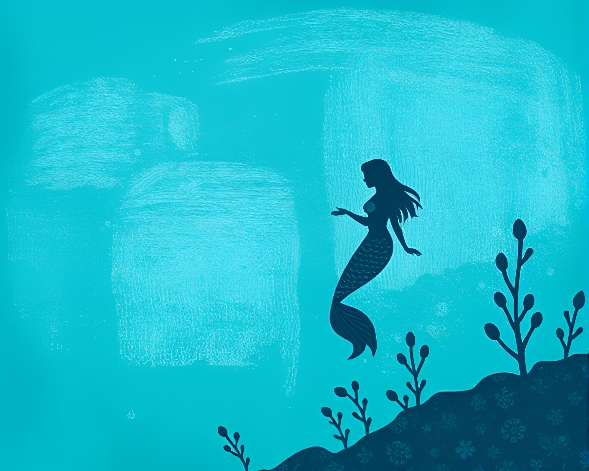 Enchanting Mermaid in Ice-Blue Glow Woodblock Print – free AI stock image