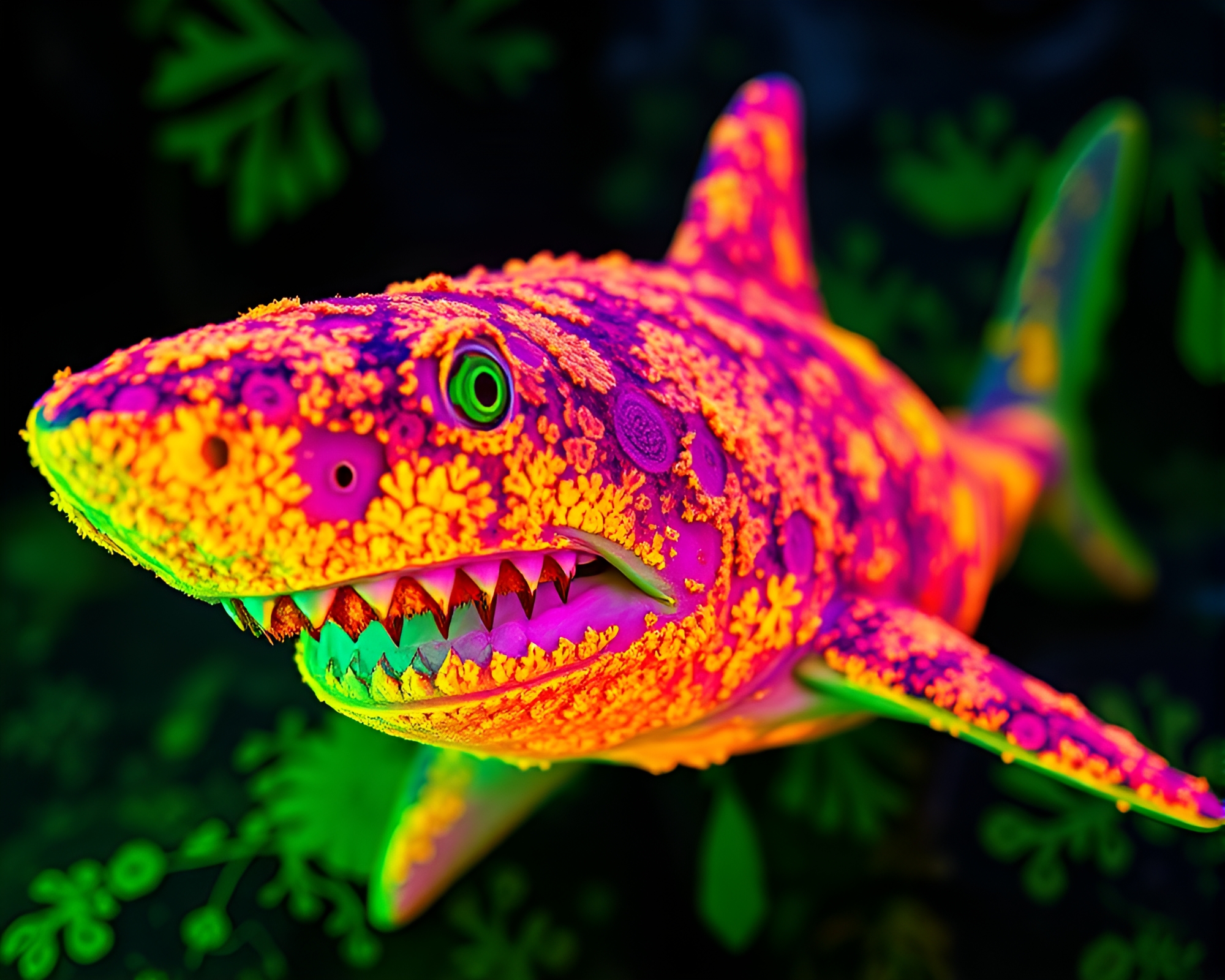 Glow-in-the-Dark Shark Swimming Through Lichen Texture – free AI stock image