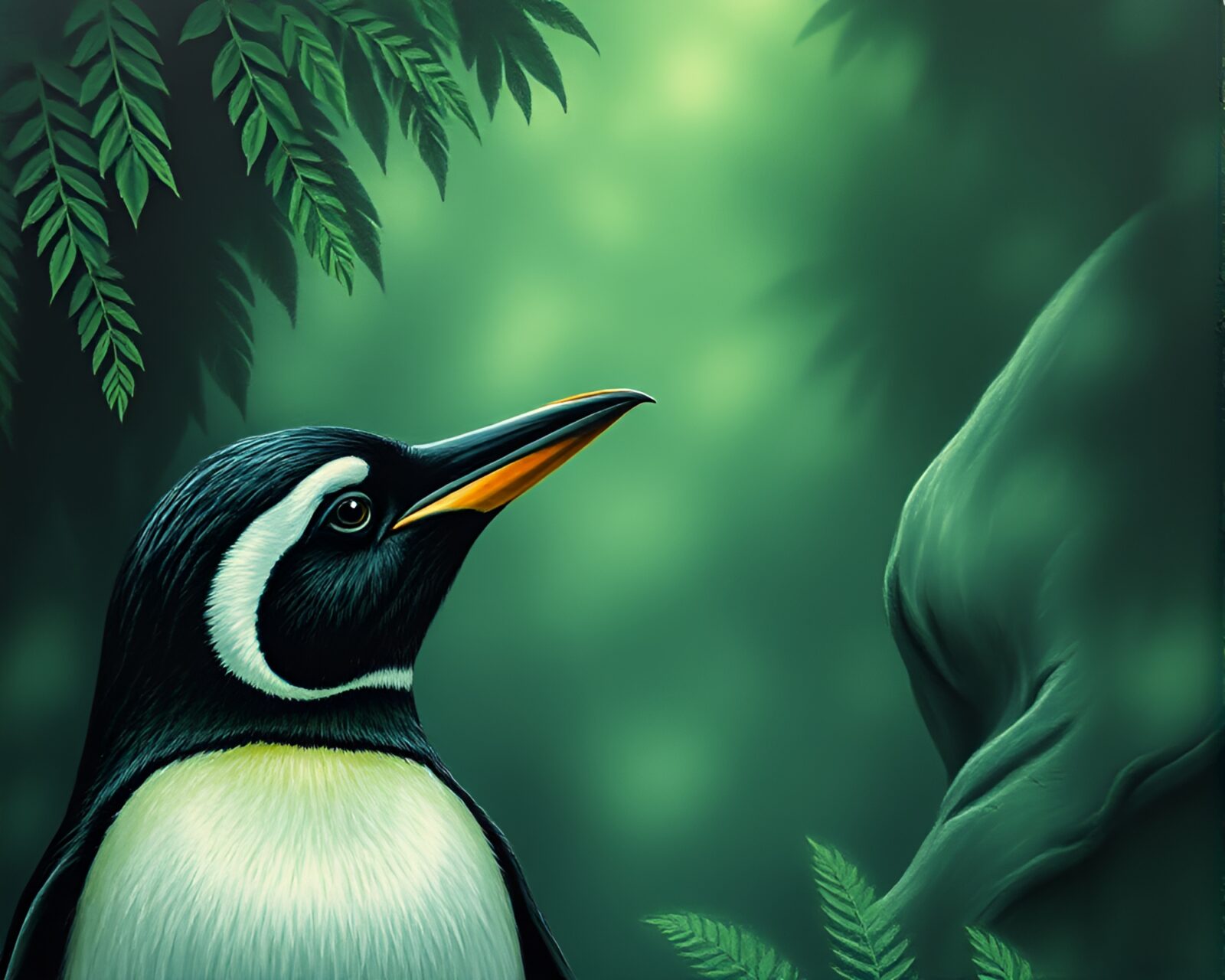 Detailed engraving of a penguin in misty green rainforest