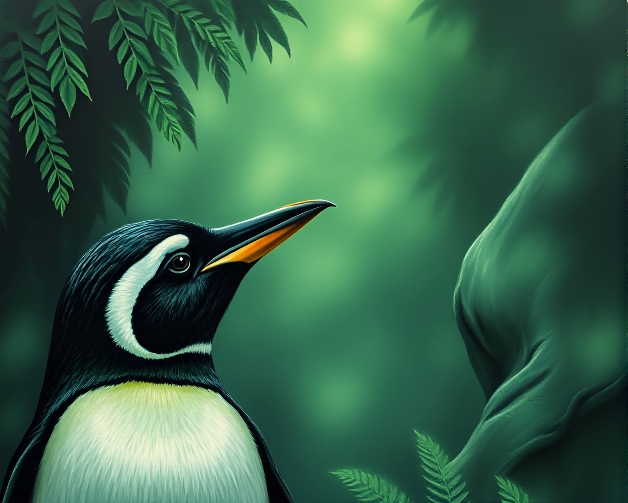 Engraved Penguin in Green Rainforest Haze – free AI stock image