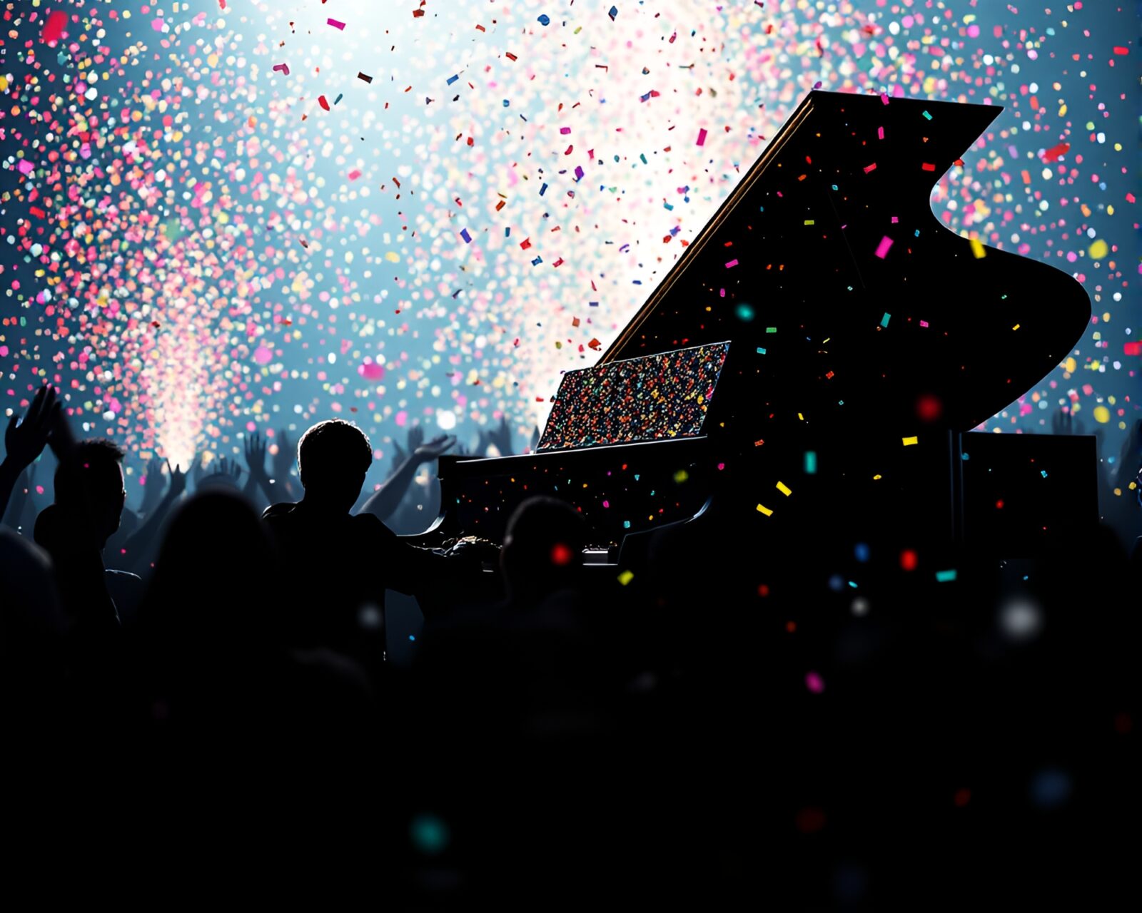 Vibrant confetti colors surrounding mysterious piano player in silhouette