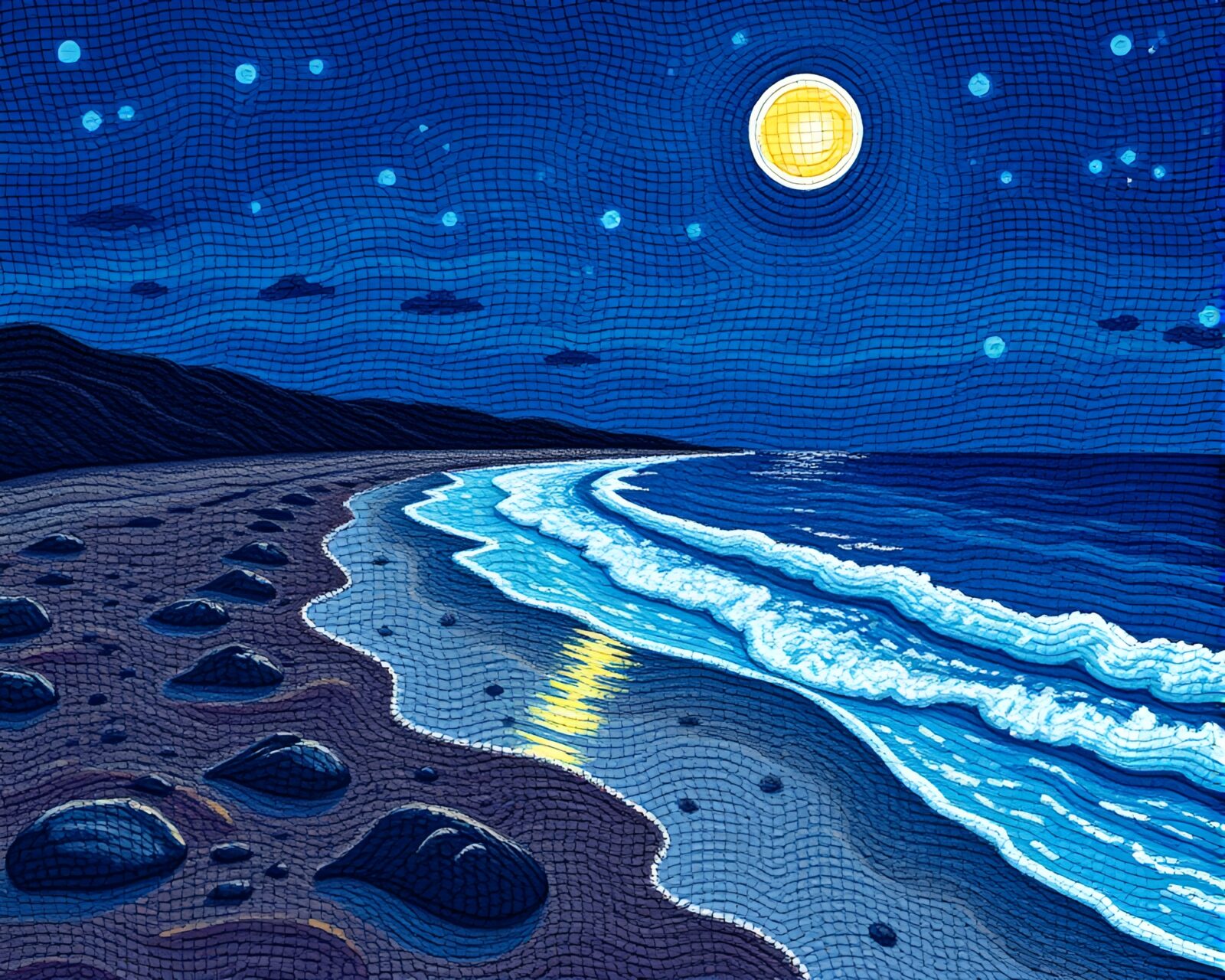 Detailed pointillism artwork of moonlit beach stitched pattern
