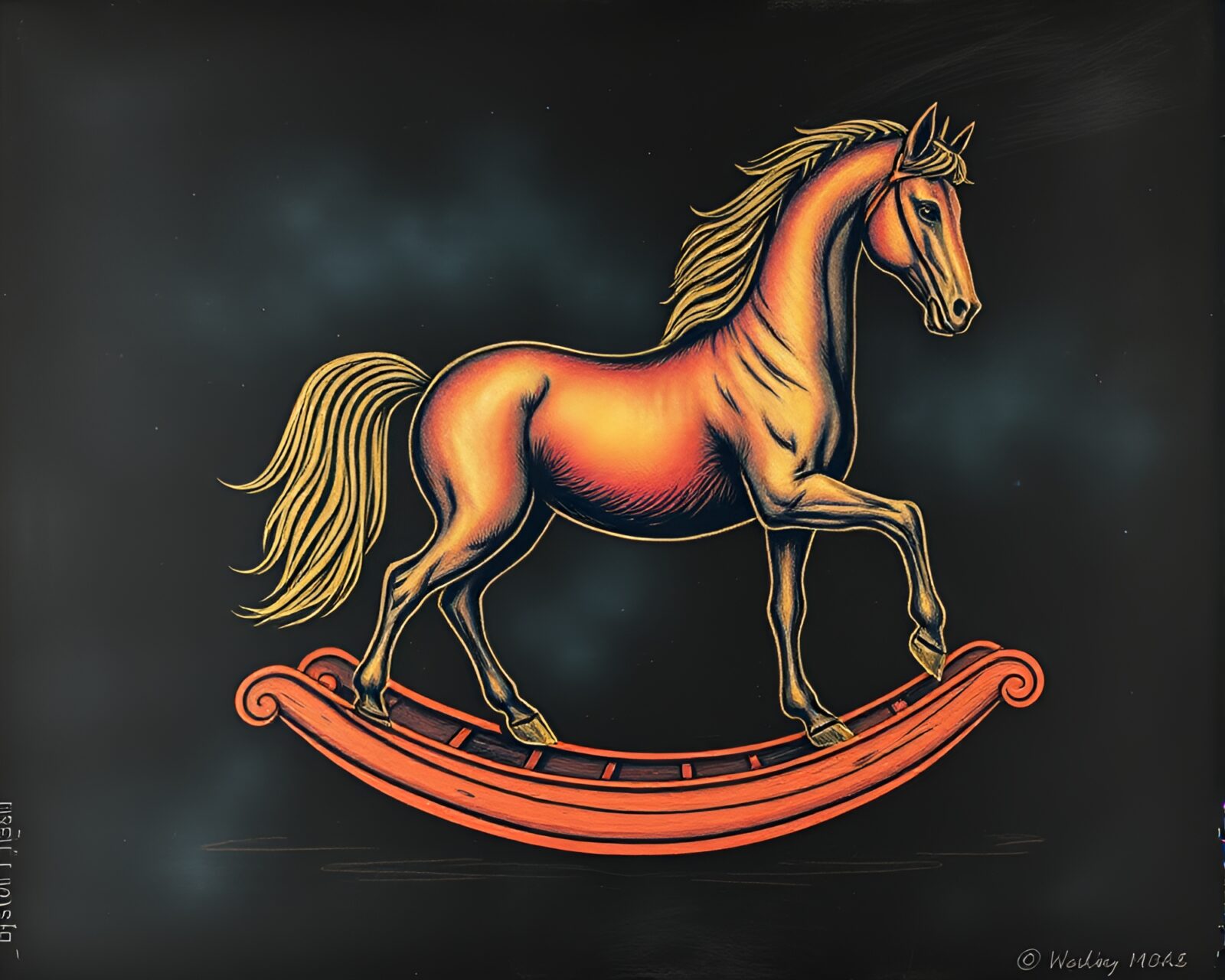 Chalkboard drawing of wooden rocking horse under aurora lights