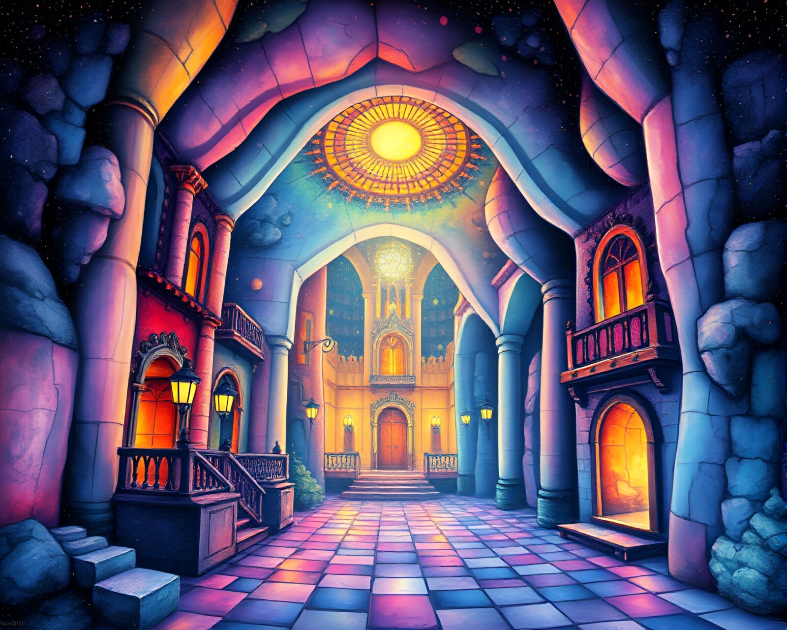 A detailed watercolor painting of a vibrant mind palace with mosaic lighting