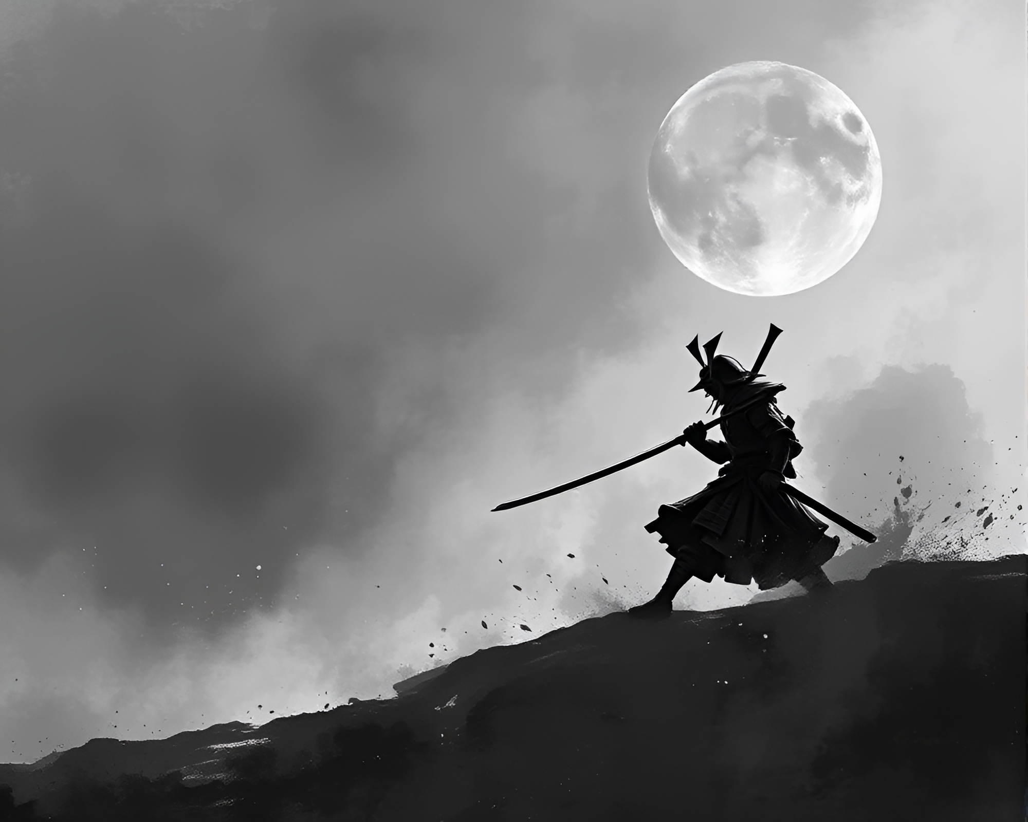 Samurai Warrior Embracing Negative Space in Soft Shadows – free AI stock image