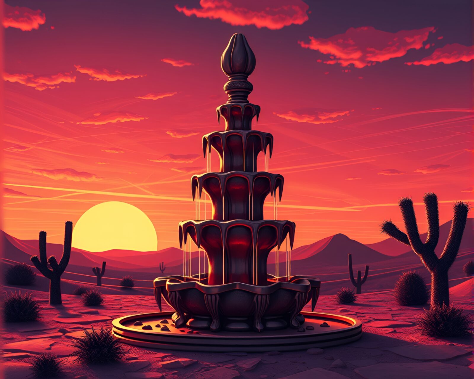Voxel art of chocolate fountain under desert sunset