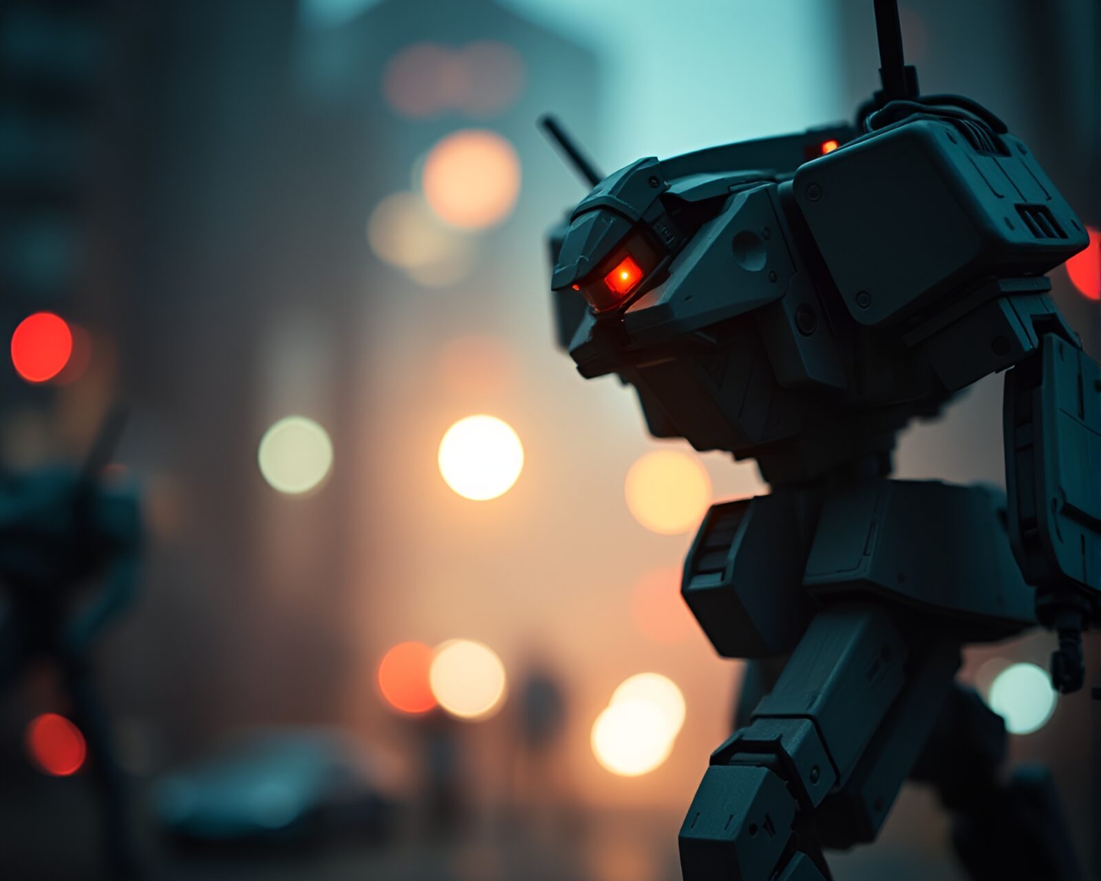 Gloomy close-up of tilt-shift battle mech model