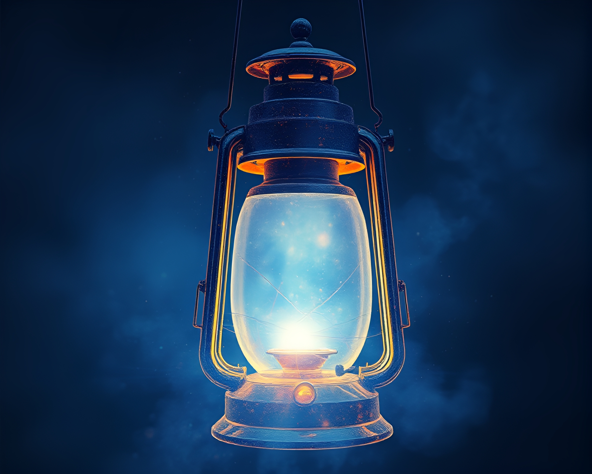 Sapphire Oil Lantern Illuminated in Dust Overlay – free AI stock image