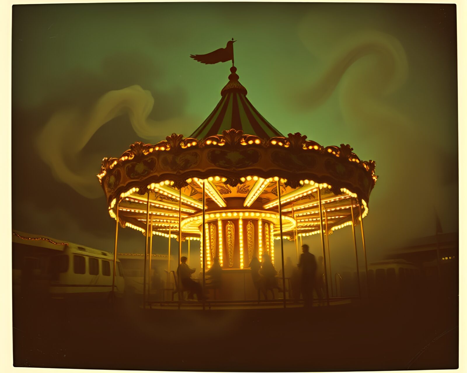 Carnival carousel in vintage polaroid with smoke swirls