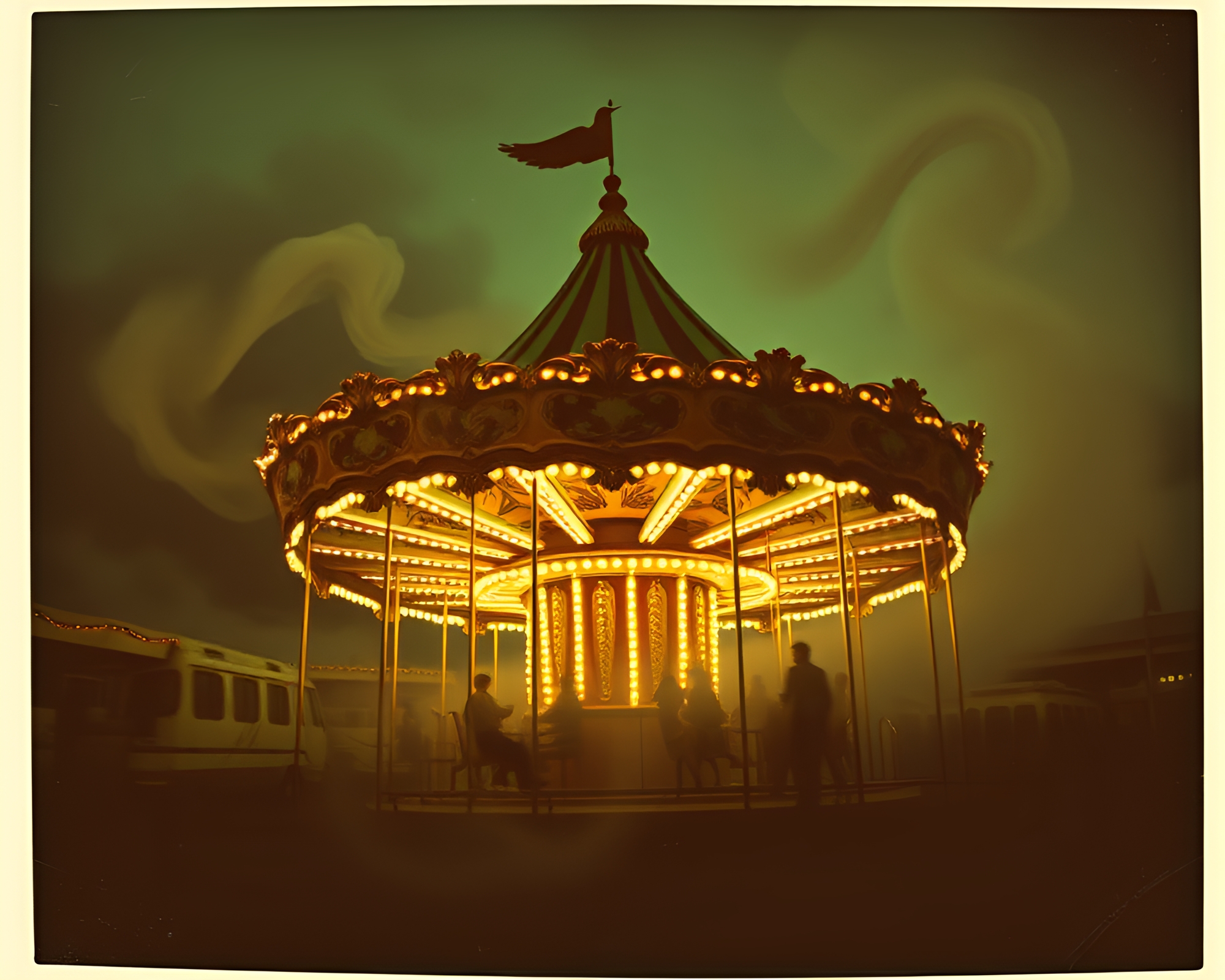 Vintage Carousel Amidst Swirling Smoke Plumes – free AI stock image