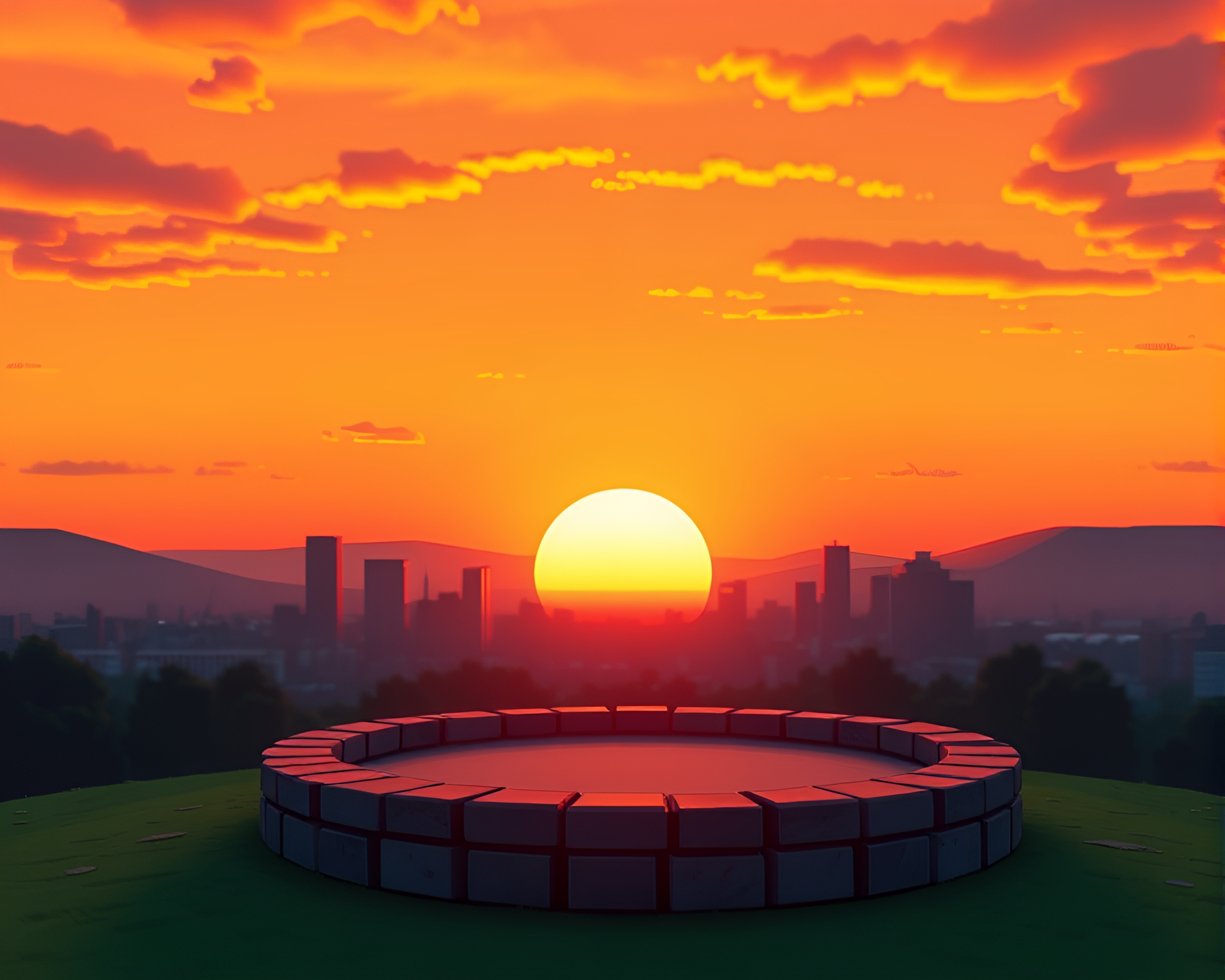 Sunset Stone Circle Voxel Art Barcode Stripe – free AI stock image