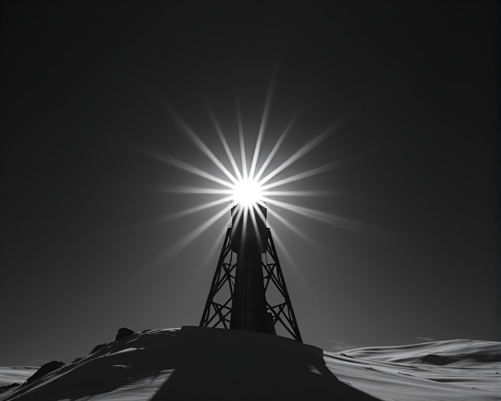 Majestic tower against dramatic polar twilight sky with lens sunburst