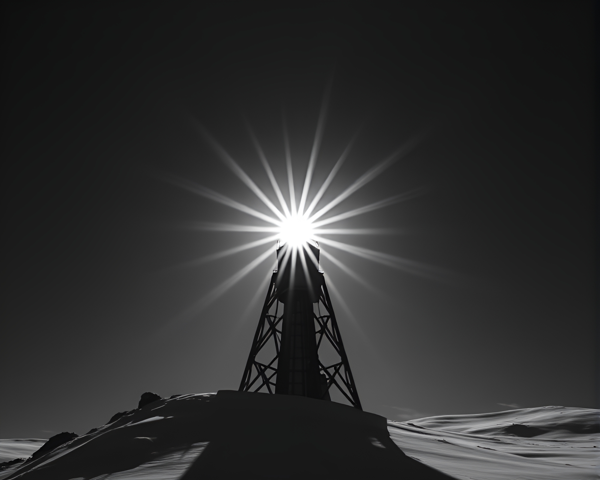 Ethereal Tower Silhouetted by Polar Twilight Sunburst – free AI stock image