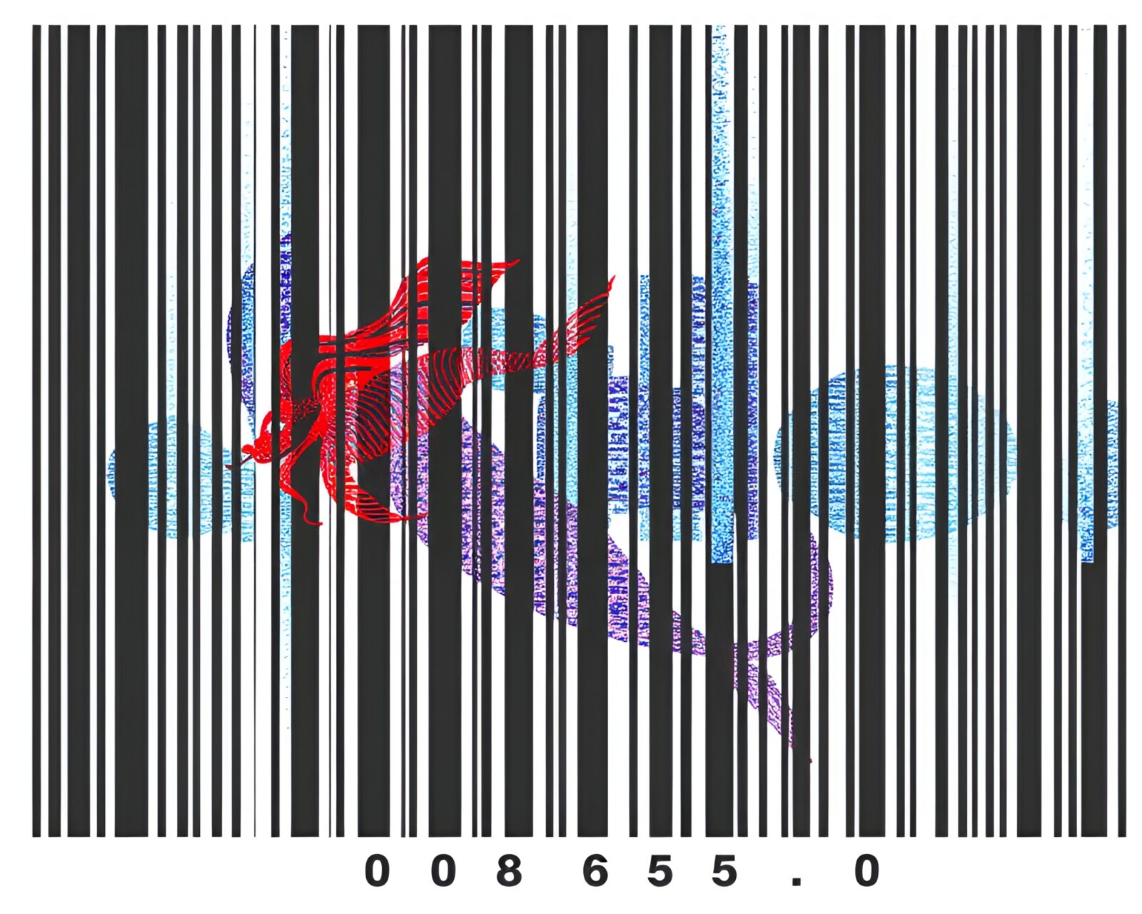 A stunning duotone mermaid swims among barcode stripes