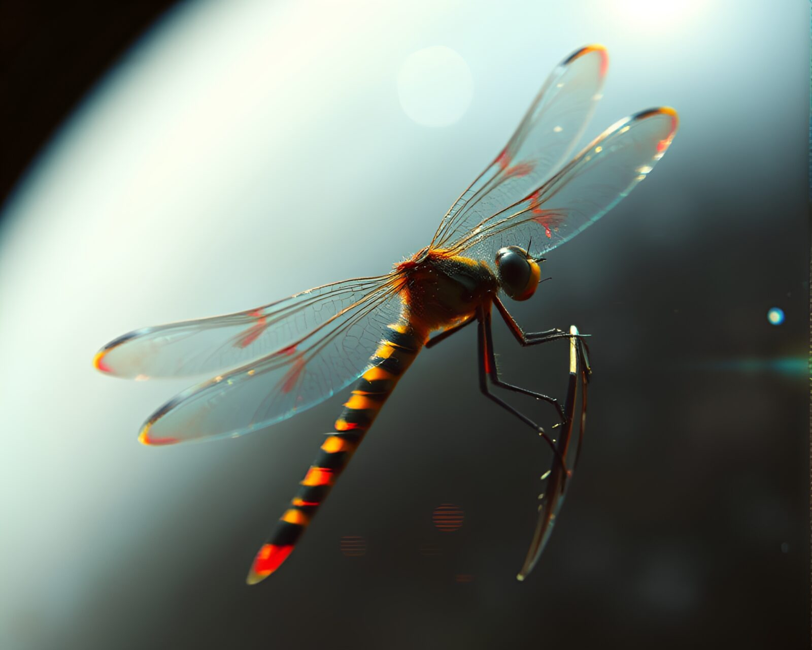 Dragonfly with glitch effects immersed in bright overexposure