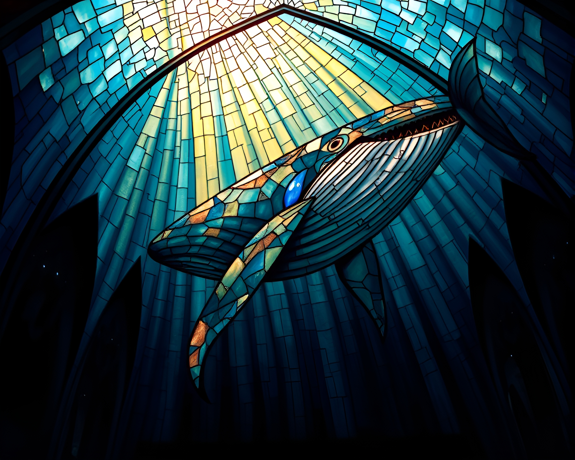 Whale in Cathedral Light: Fresco Painting Masterpiece – free AI stock image