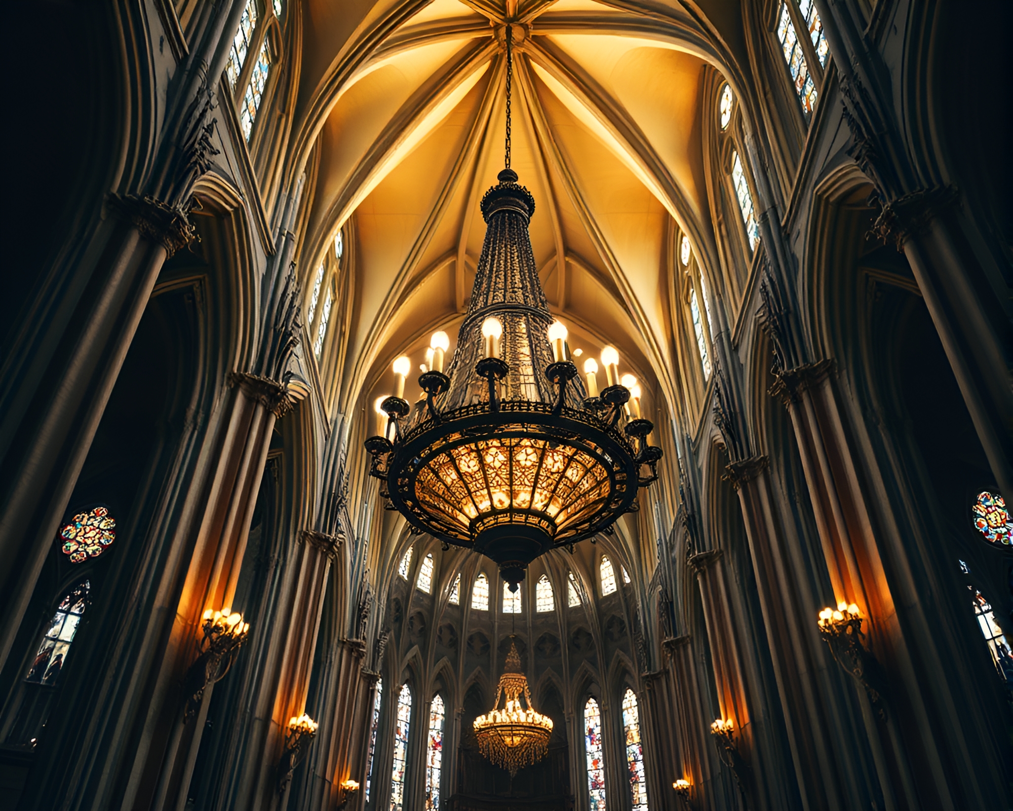 Gothic Cathedral Panoramic View with Stained Light – free AI stock image