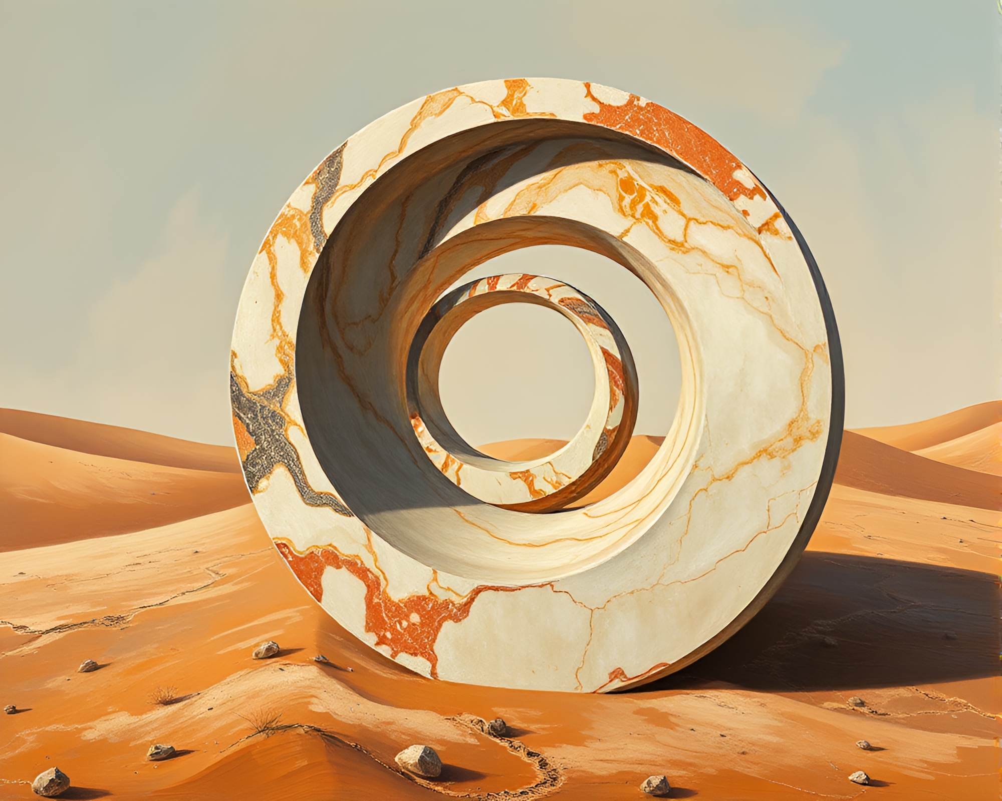 Mesmerizing Spiral Marble Sculpture in Desert Light – free AI stock image