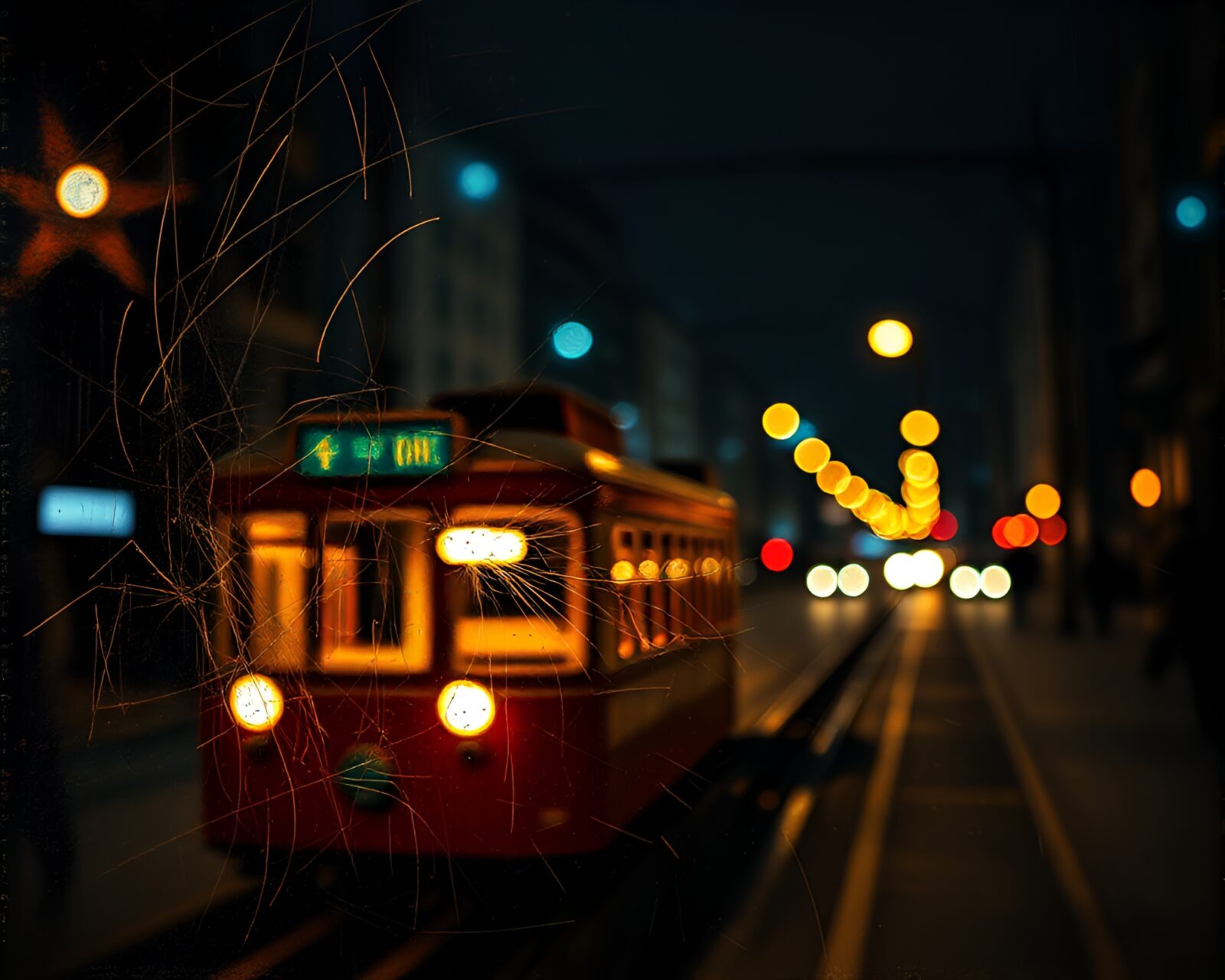 Abstract sgraffito artwork of cable car in dramatic spotlight.