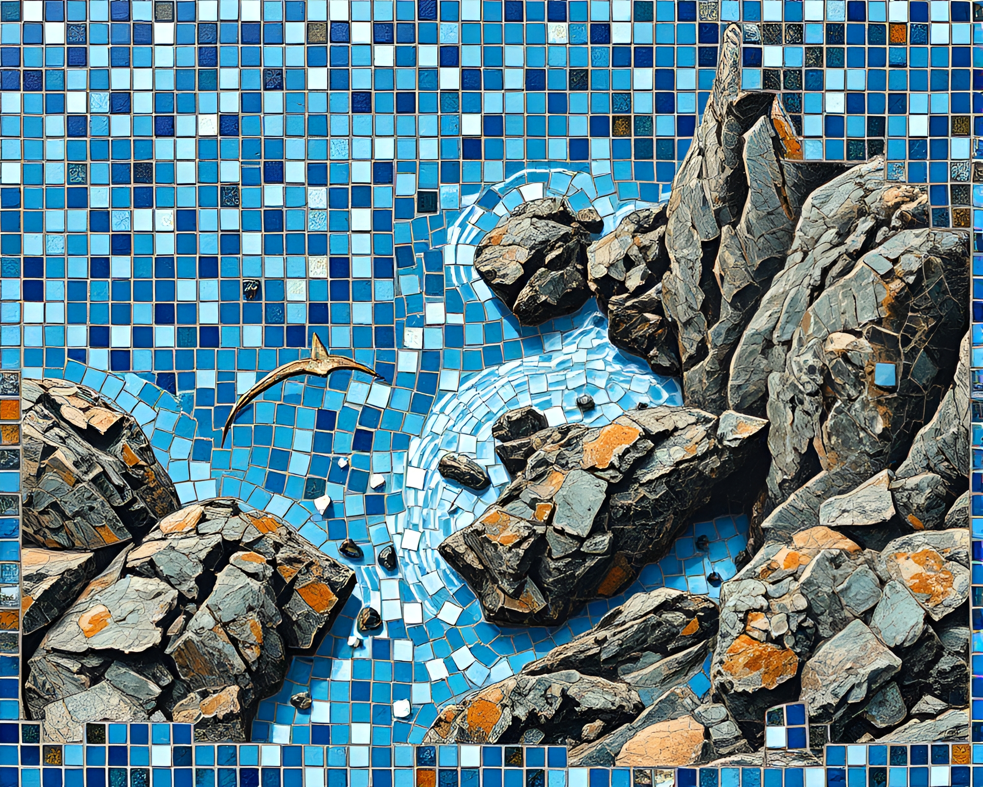 Sapphire Coastline: Rocky Calligraphy Mosaic – free AI stock image