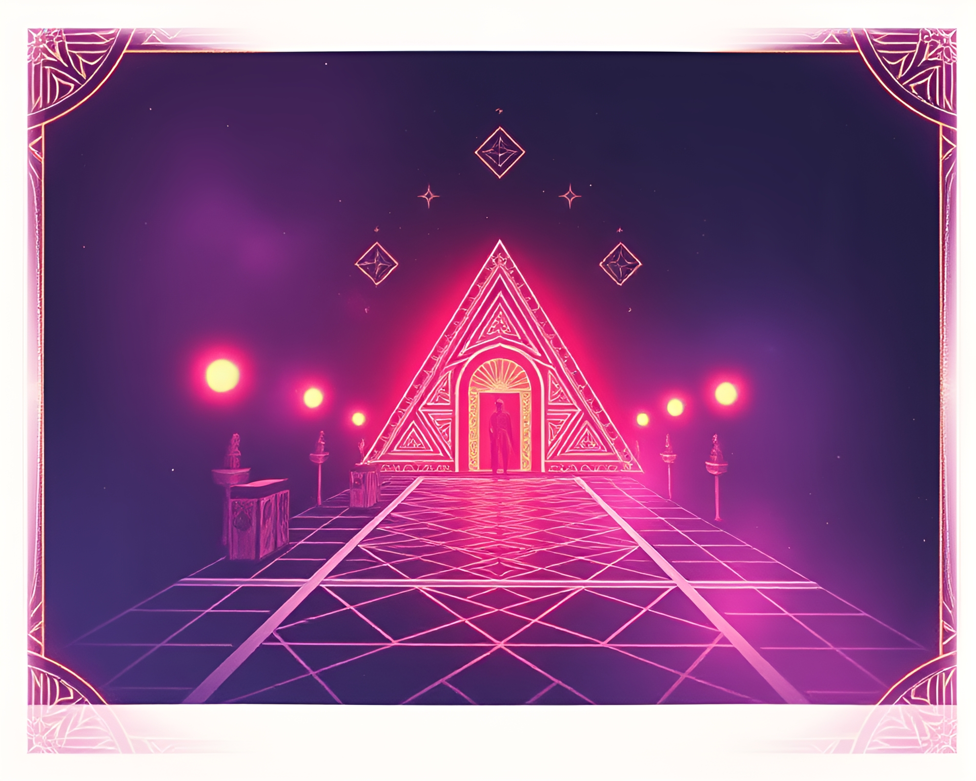 Sacred Oasis: Geometric Sorcery in Polaroid Mirage – free AI stock image