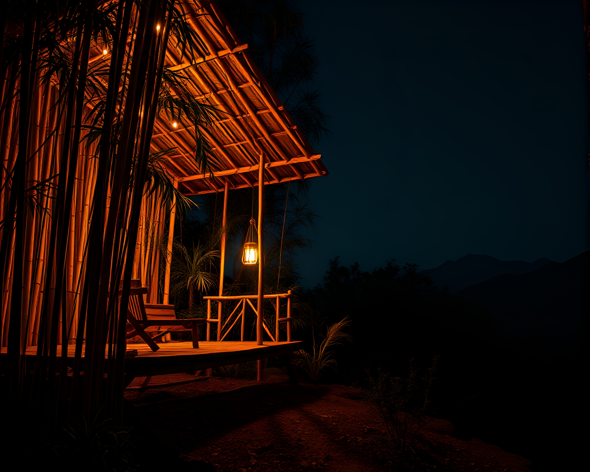 Dystopian Glow-in-the-Dark Bamboo Hut – free AI stock image