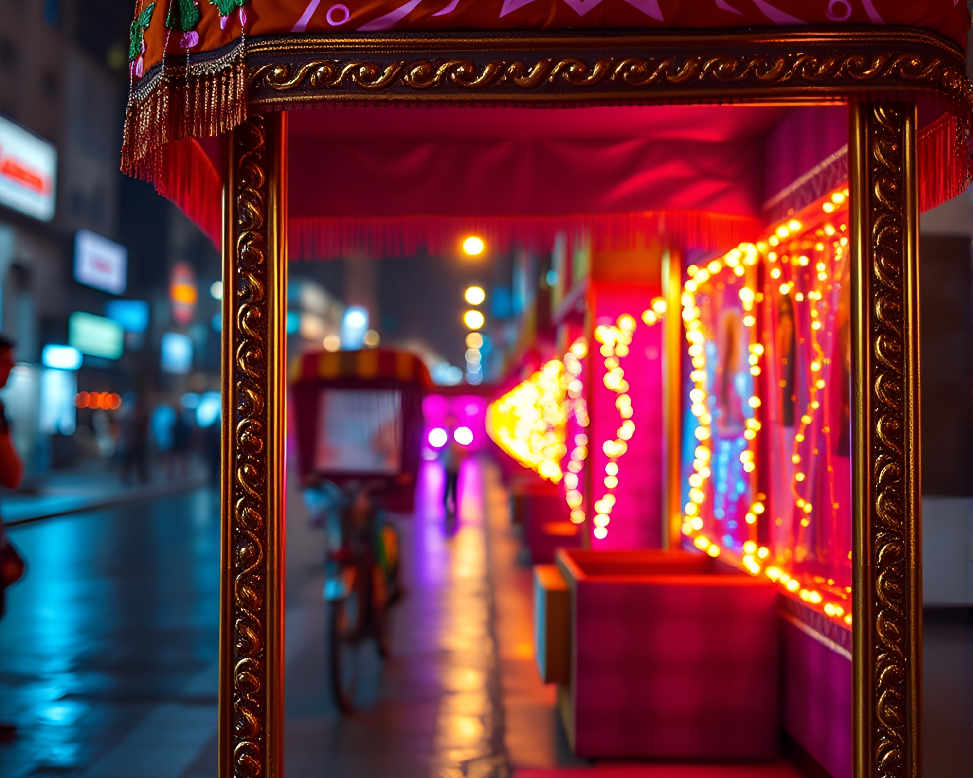 Hyper-Realistic Rickshaw Ride Through Iridescent Frames – free AI stock image